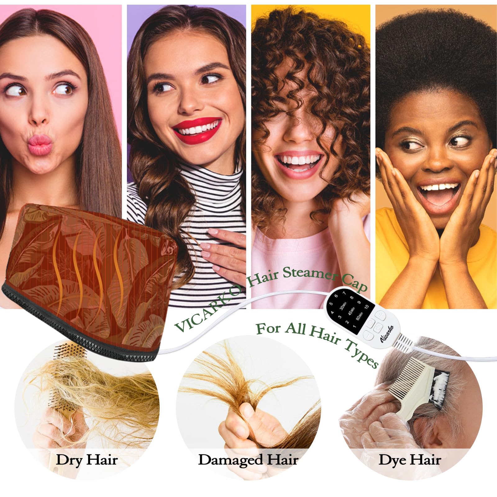 Vicarko Hair Steamer For Deep Conditioning, 10-Level Heats Up Quickly, 118    Power Cord, Heating Cap Hot Oil Treatment Heat, El