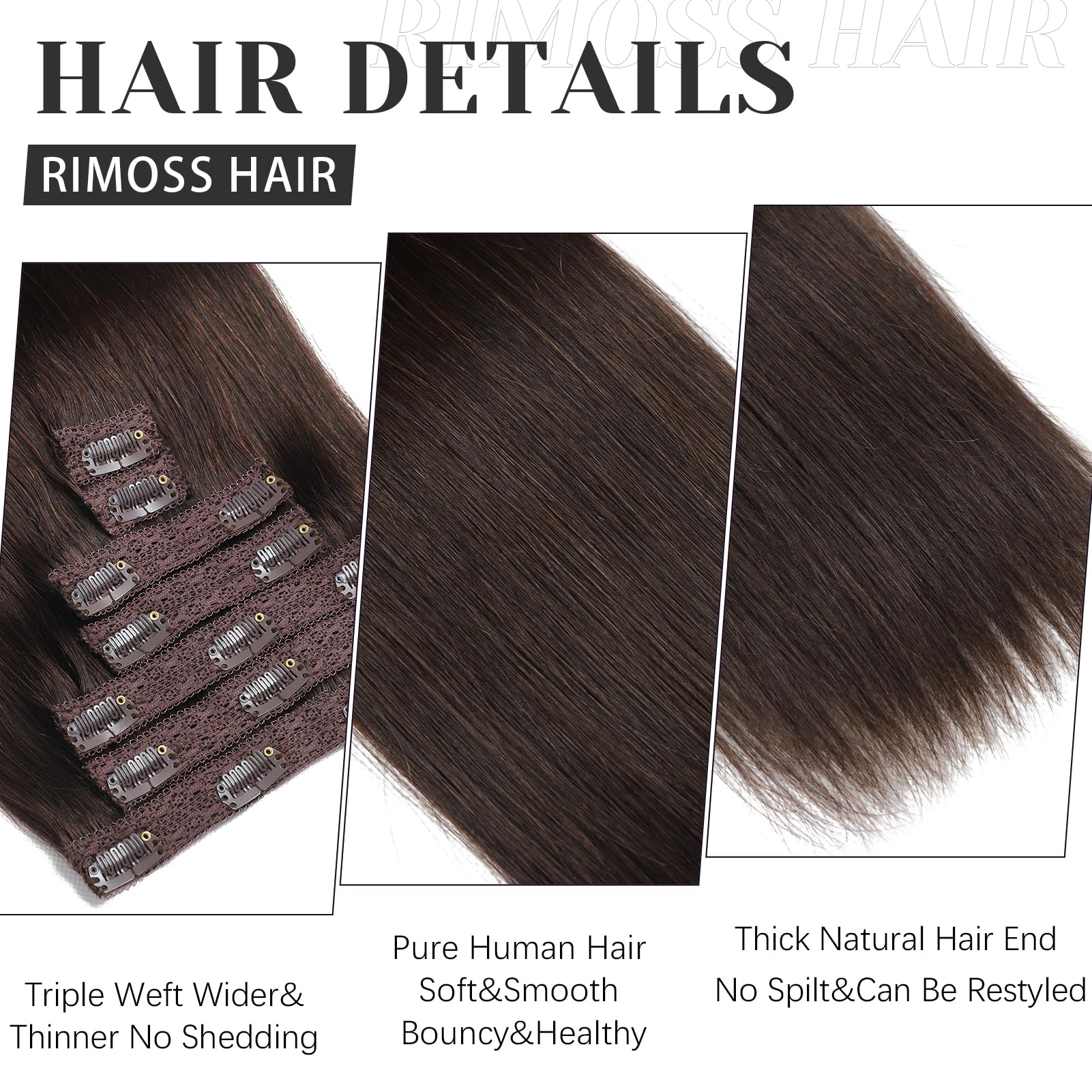 Rimoss Clip In Hair Extensions Real Human Hair, Premium Dark Brown Remy Human Hair Clip In Extensions Straight, Soft 7Pcs Hair E