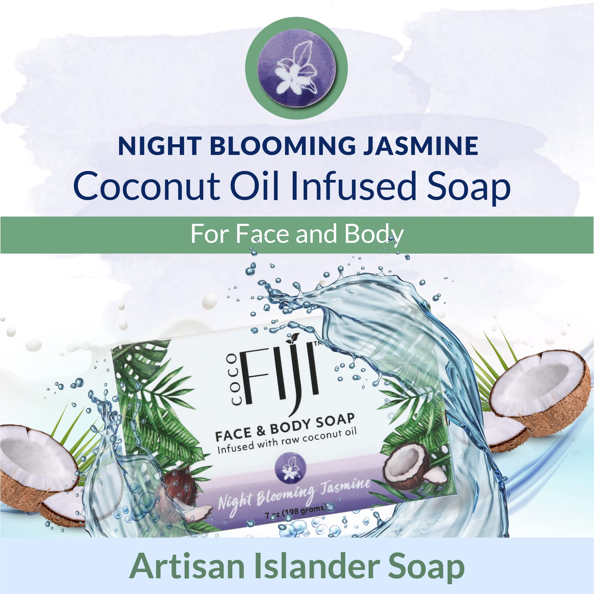 'Coco Fiji Soap Bar For Face And Body Infused With Organic Coconut Oil, Night Blooming Jasmine Essential Oil, Natural Soap For