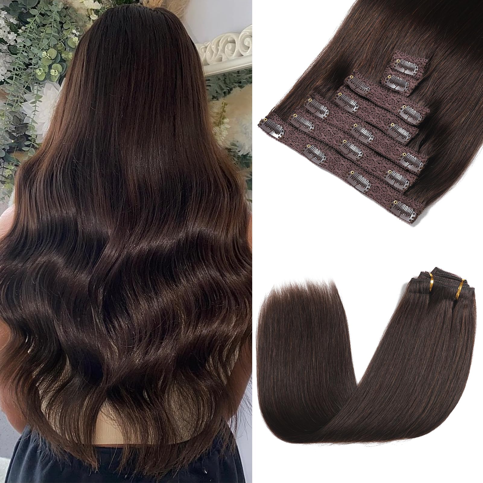 Rimoss Clip in Hair Extensions Real Human Hair, Premium Dark Brown Remy Human Hair Clip in Extensions Straight, Soft 7pcs Hair E