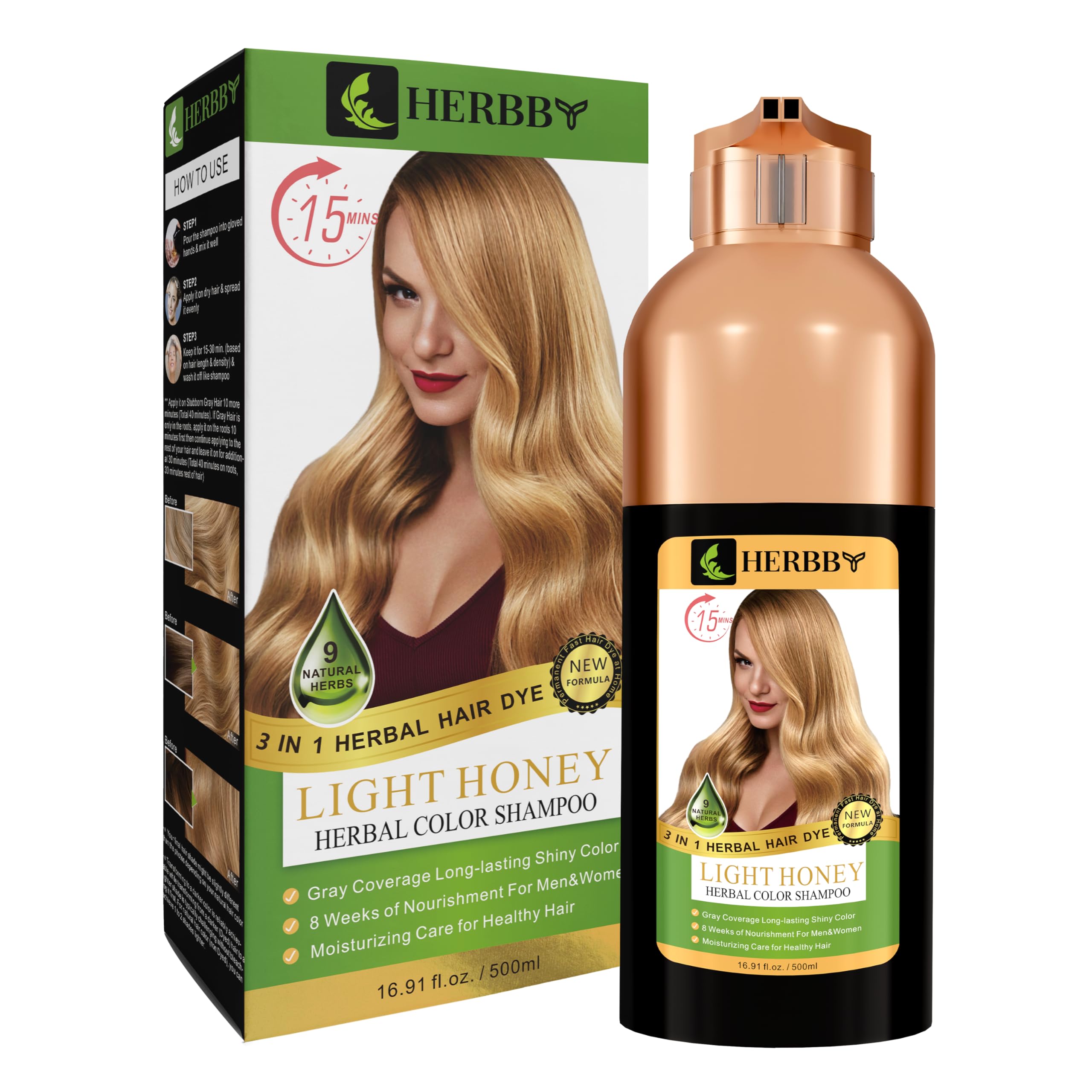 HERBBY Hair Color Shampoo for Gray Hair Coverage&Color Transform with 9 Herbal Extracts -Long Lasting (6-8 Weeks), Shiny,Evenly 