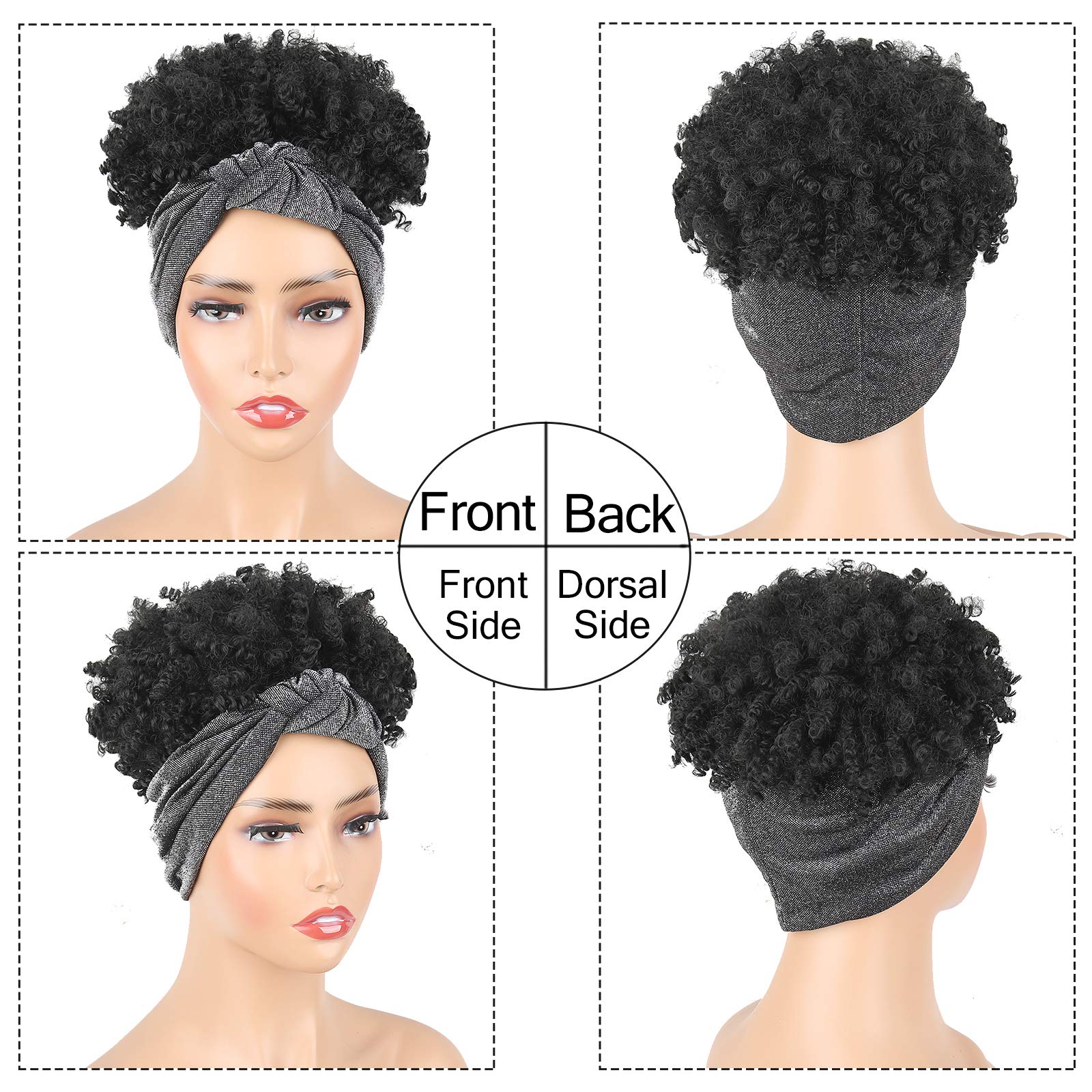 Aisaide Headband Wigs For Black Women Scarf Wigs, Short Kinky Curly Headband Black Wigs With Headband Attached Black Womens Wig