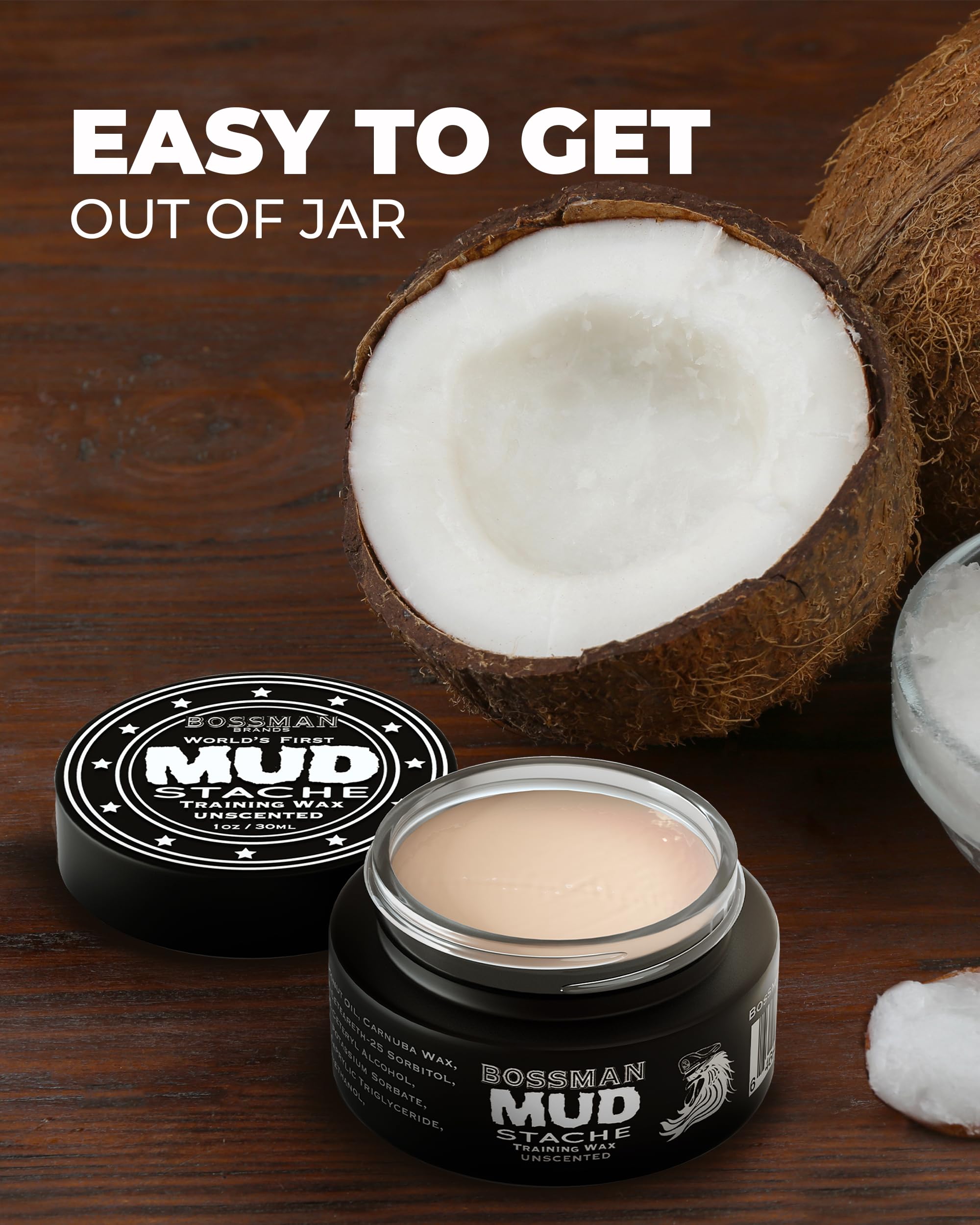 Bossman Mudstache Unscented Mustache Wax For Men (1 Oz) - Strong 24-Hour Hold, Non-Tacky & Easy To Apply For Taming & Styling