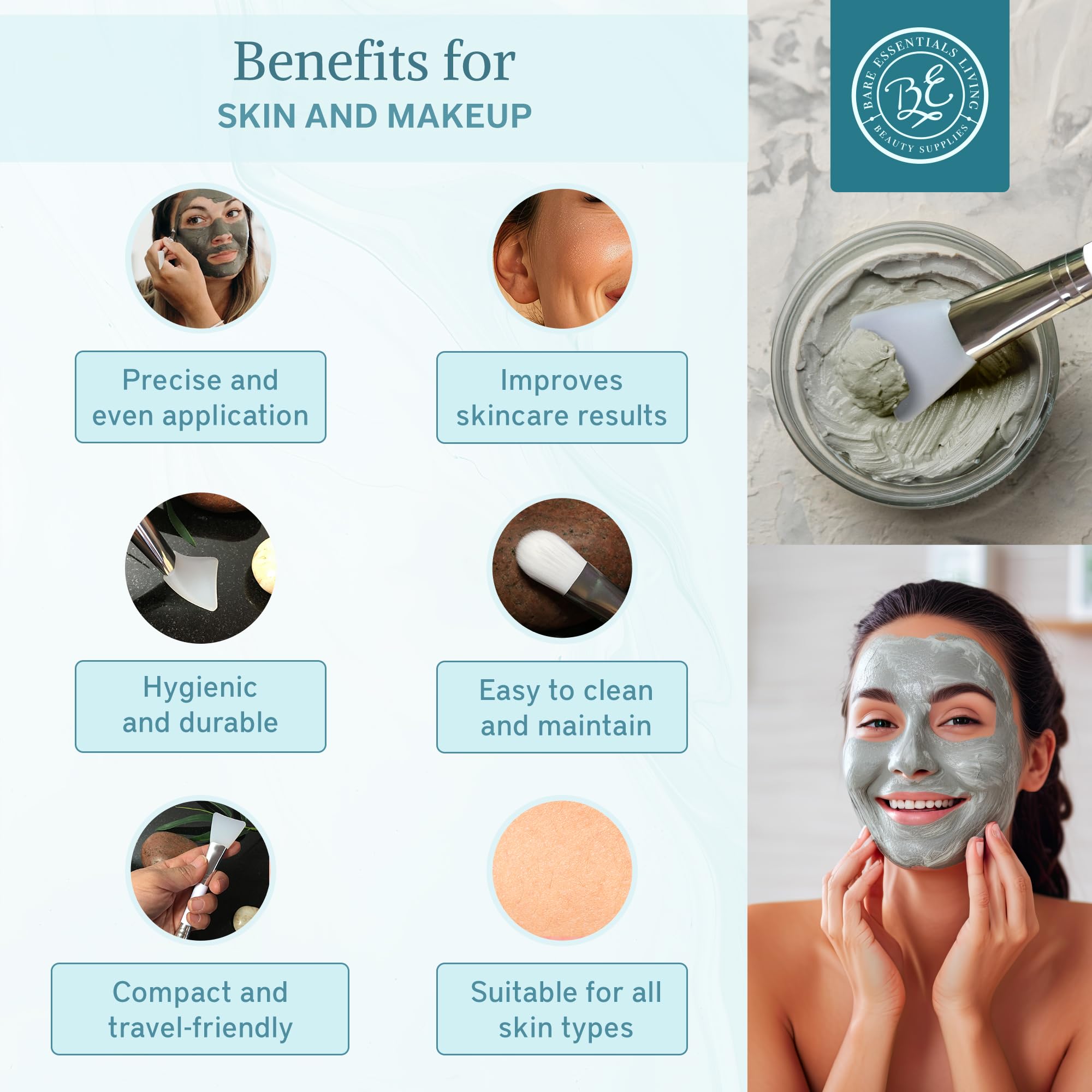 Bare Essentials Living Clay Face Mask Brush (3 Pack, White) Dual Soft Silicone Face Mask Applicator Brush Tool, Great Facial Ess