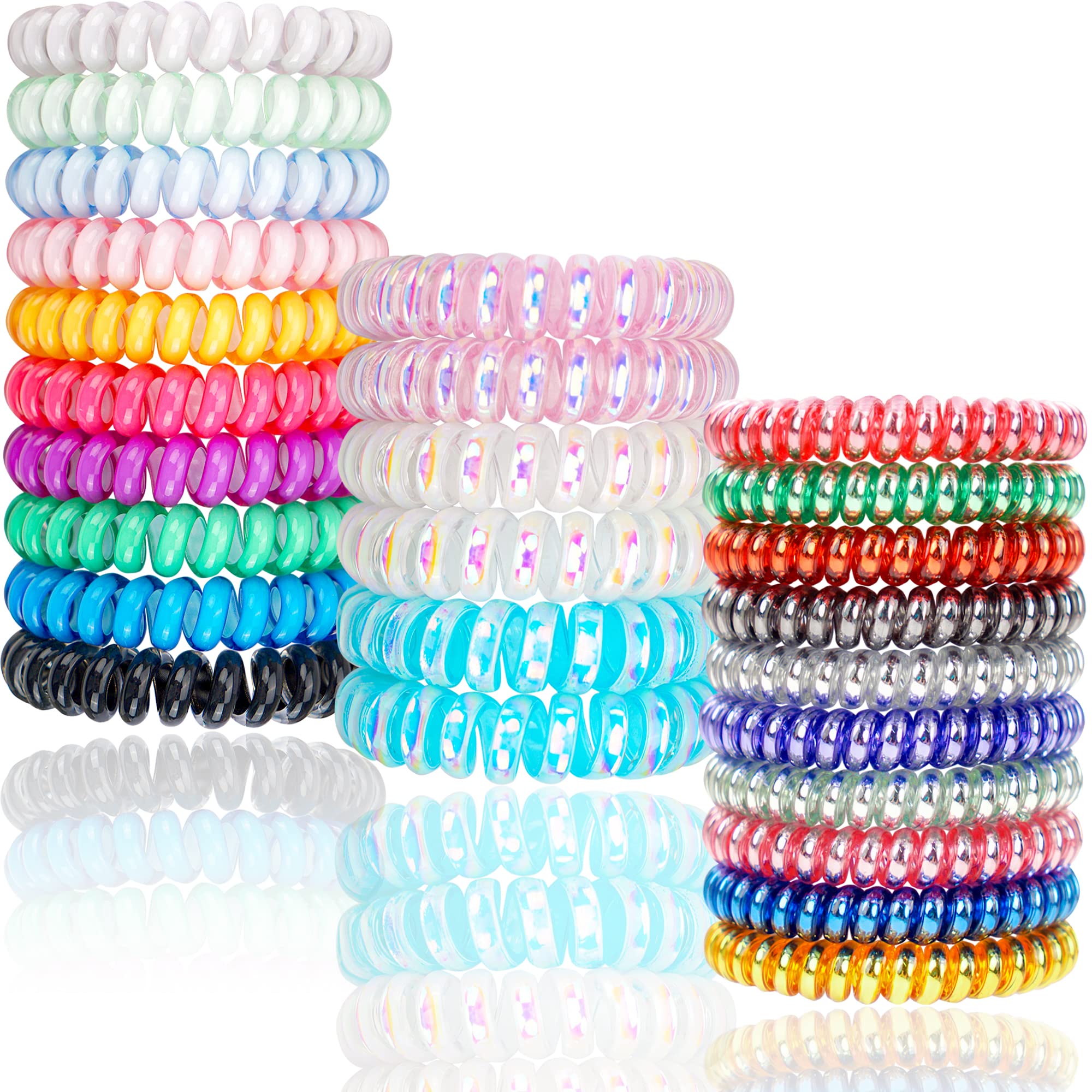 DeD 26 Pcs Spiral Hair Ties,No Crease Ponytail Holders,3 Styles Coil Hair Ties,Slim Laser Colors Spiral Bracelets,Phone Cord Flu