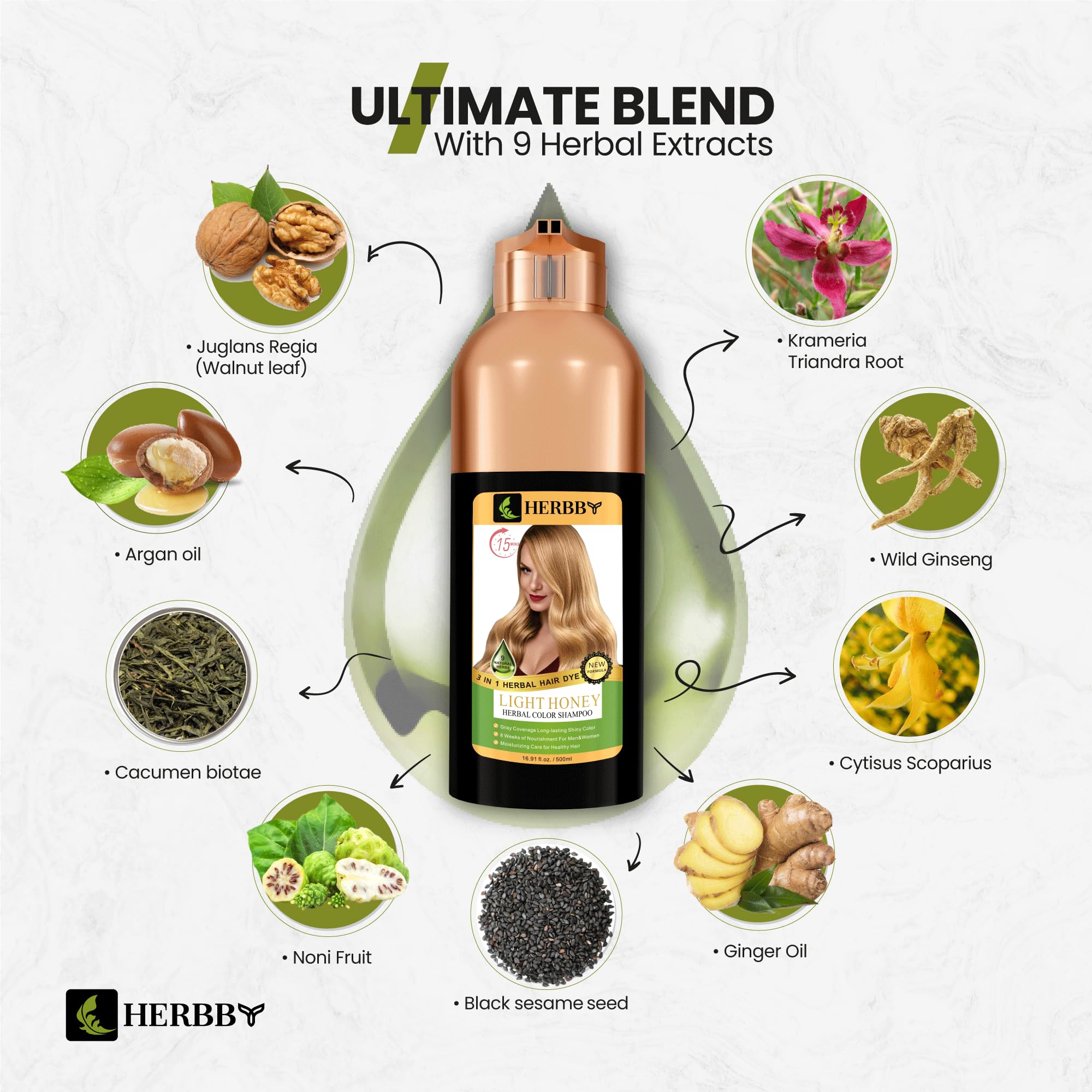 Herbby Hair Color Shampoo For Gray Hair Coverage&Color Transform With 9 Herbal Extracts -Long Lasting (6-8 Weeks), Shiny,Evenly