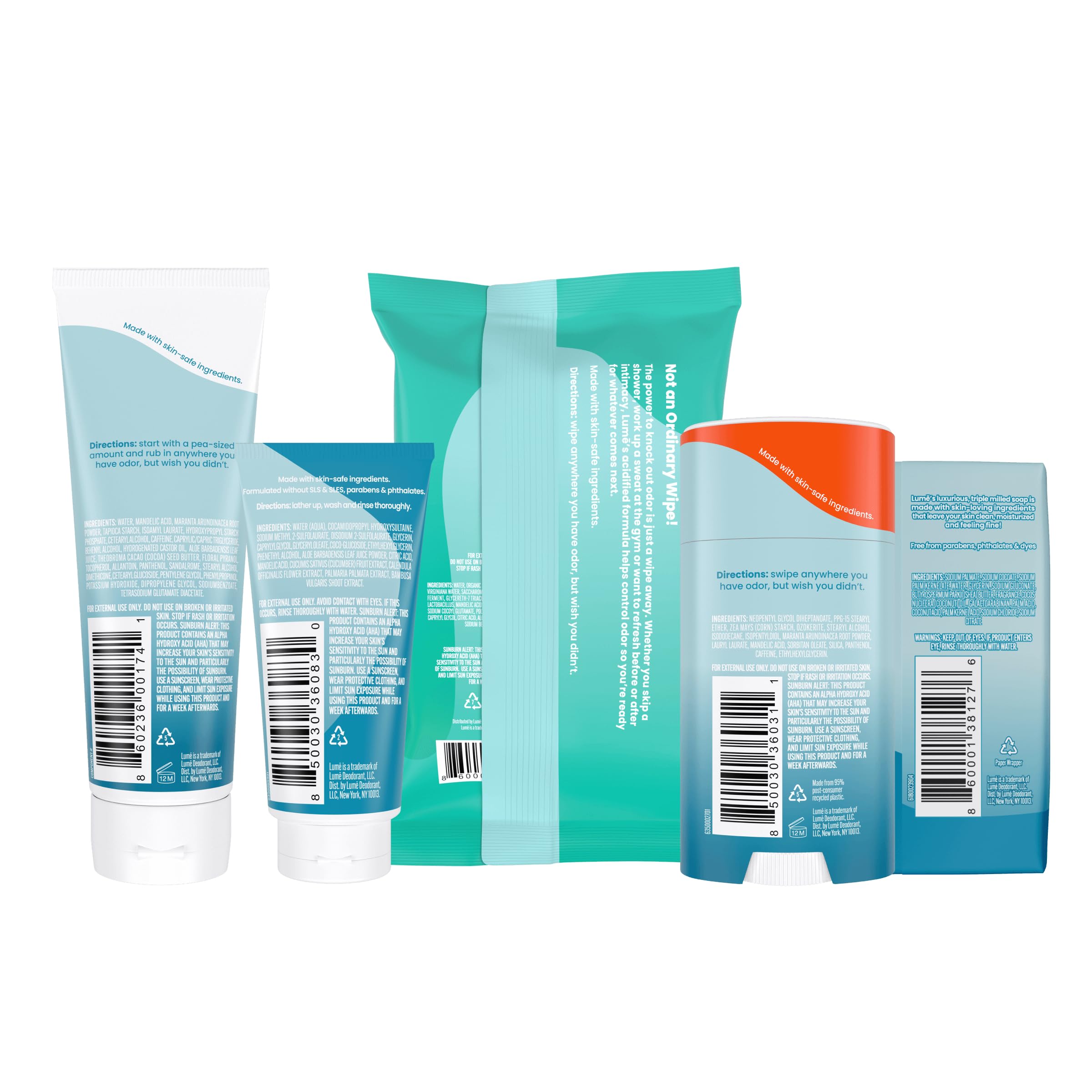 Lume Whole Body Deodorant Starter Pack - Smooth Solid Stick, Invisible Cream Tube, Acidified Body Wash Mini, Soap, Acidified Deo
