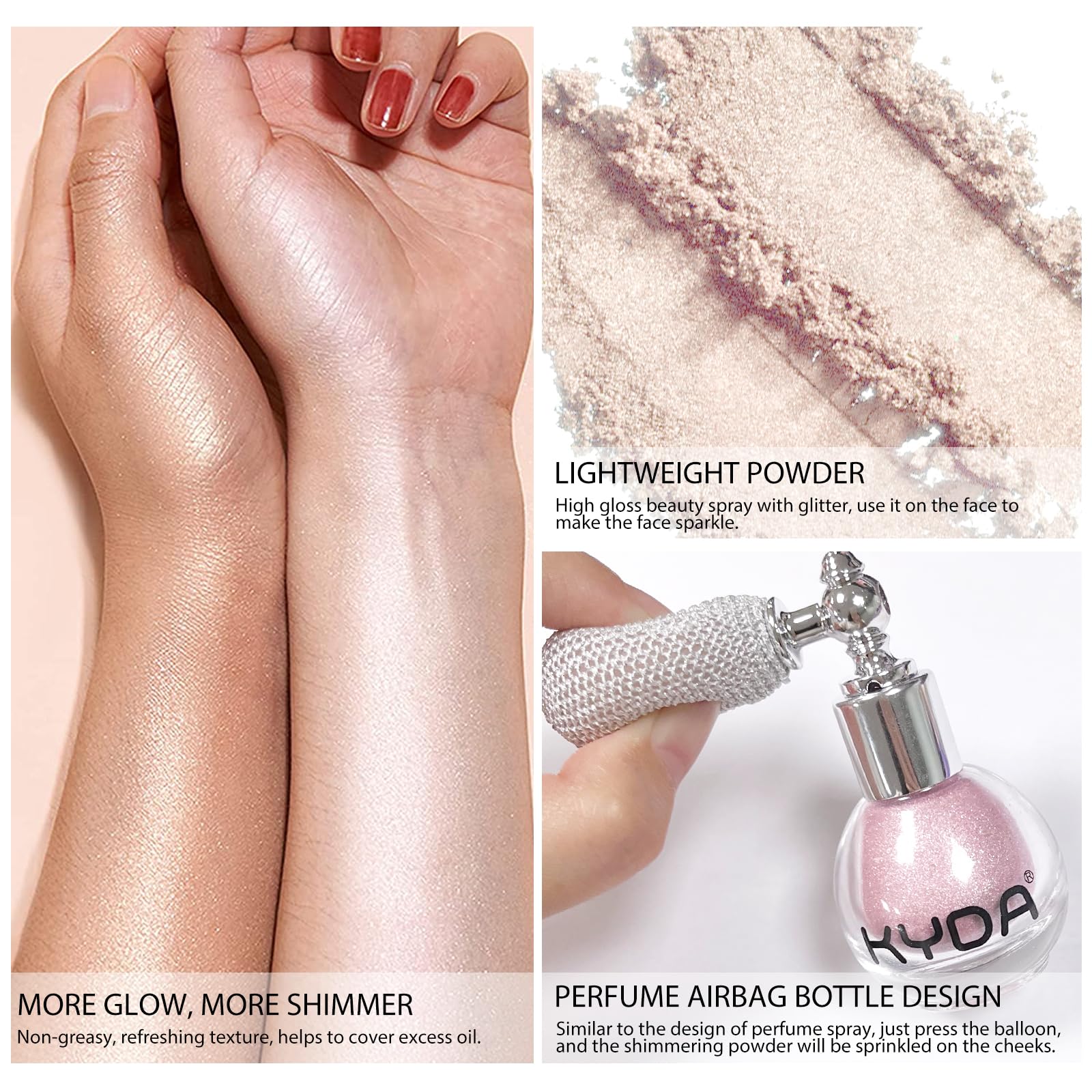 Kyda Highlighter Powder Spray, Glitter High Gloss Spray Shimmer Sparkle Powder Makeup Spray, For Face Body Cosmetic-Pearl White