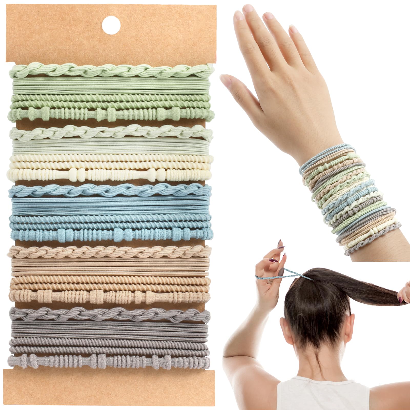 20 PCS Hair Ties and Bands, 4 Styles Cute Blue Boho Hair Accessories for Thick or Thin Hair - No Damage Elastic Bracelets with B