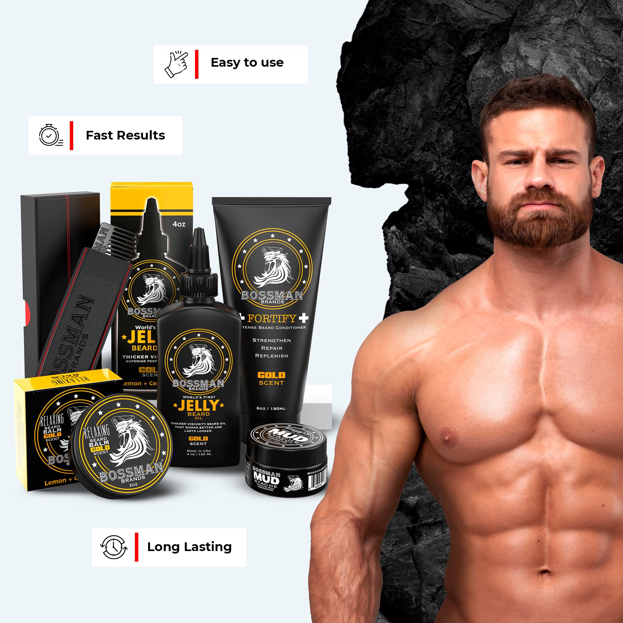 Bossman Complete Beard Kit - Men'S Beard Oil Jelly, Fortify Shower Conditioner, Balm, Mustache Wax And Comb - Beard Softener, Gr