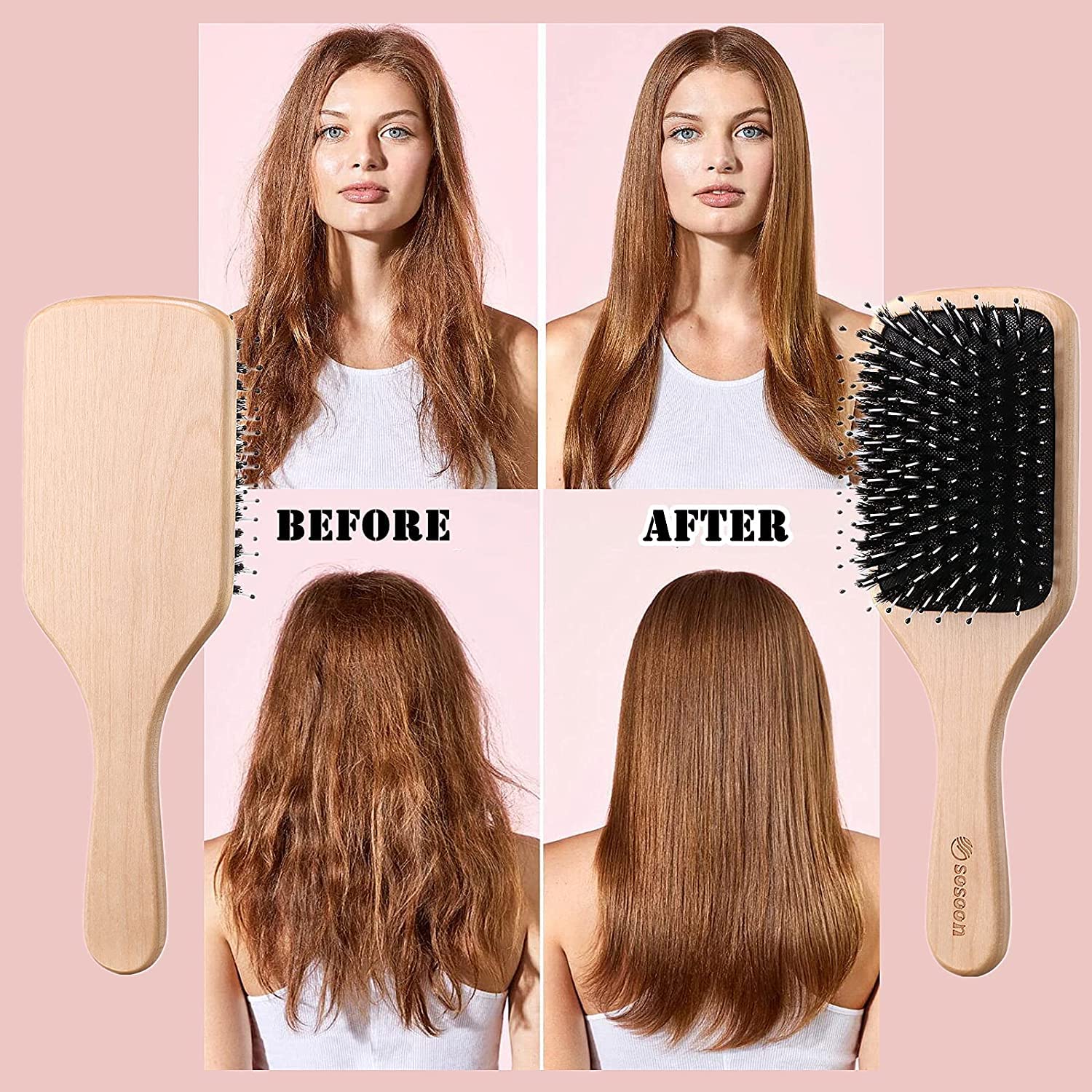 Hair Brush, Sosoon Boar Bristle Paddle Hairbrush For Long Short Thick Thin Curly Straight Wavy Dry Hair For Men Women Kids, No M