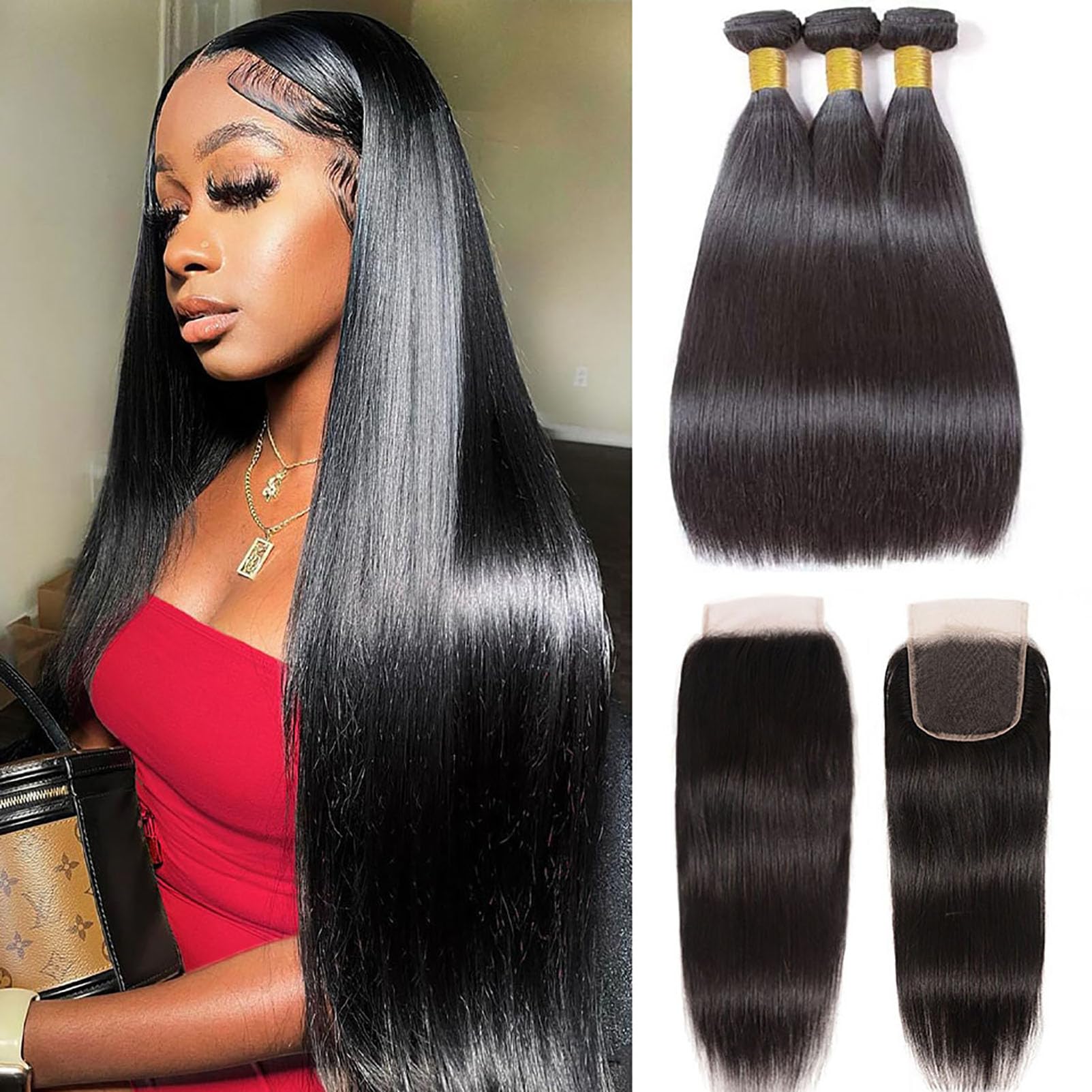 10A Straight Bundles with Closure 14 16 18 with 12 Inch Human Hair Bundles with Closure 100% Unprocessed Brazilian Virgin Human 