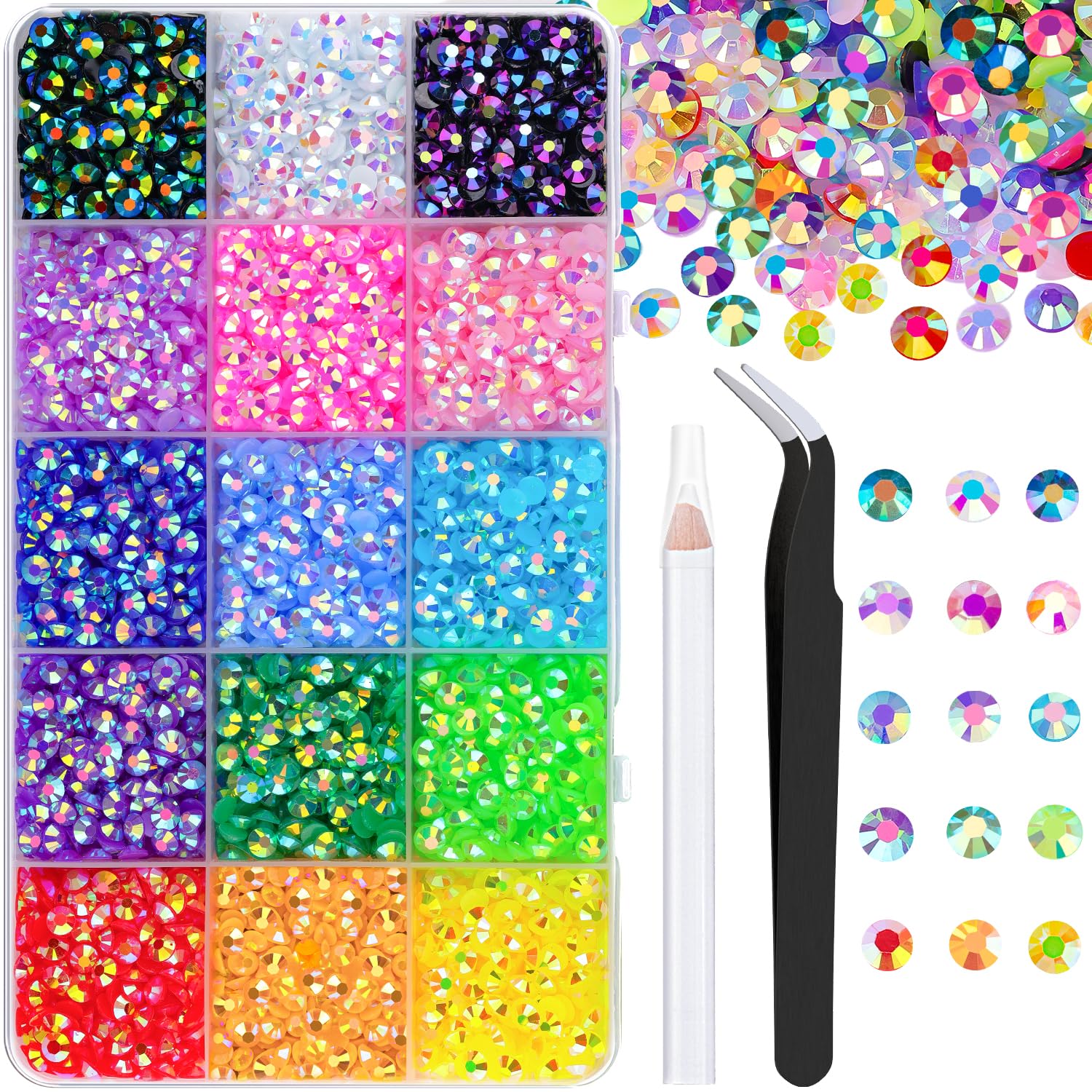 5200Pcs Resin Jelly Rhinestones with Tweezers for Crafting, Mixed-Color 5mm Flatback Gems, Bedazzling Crystal for DIY Crafts Clo