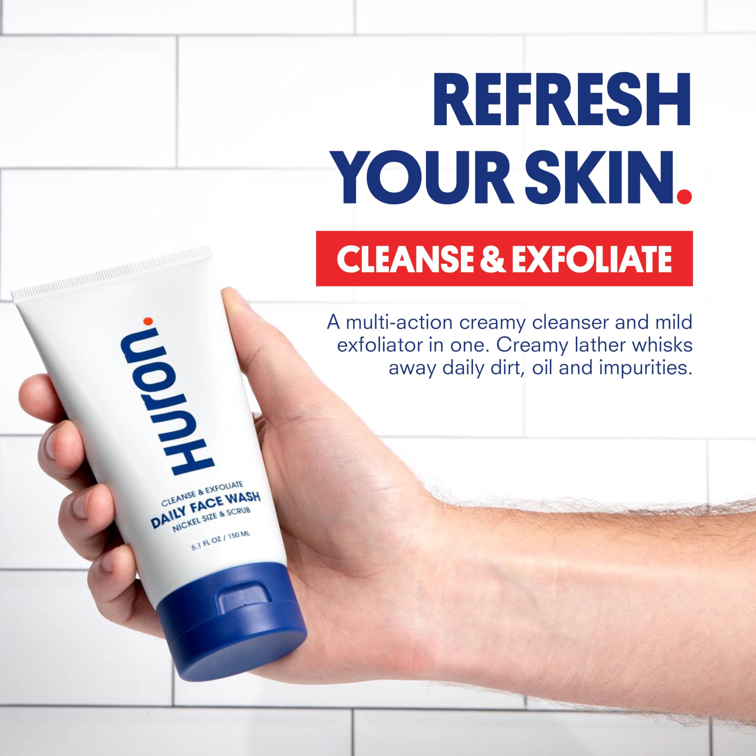 Huron Mens Face Wash - Daily Deep Facial Cleanser & Mild Exfoliator - Cleans, Conditions, & Hydrates Skin - Subtle Energizing Sc