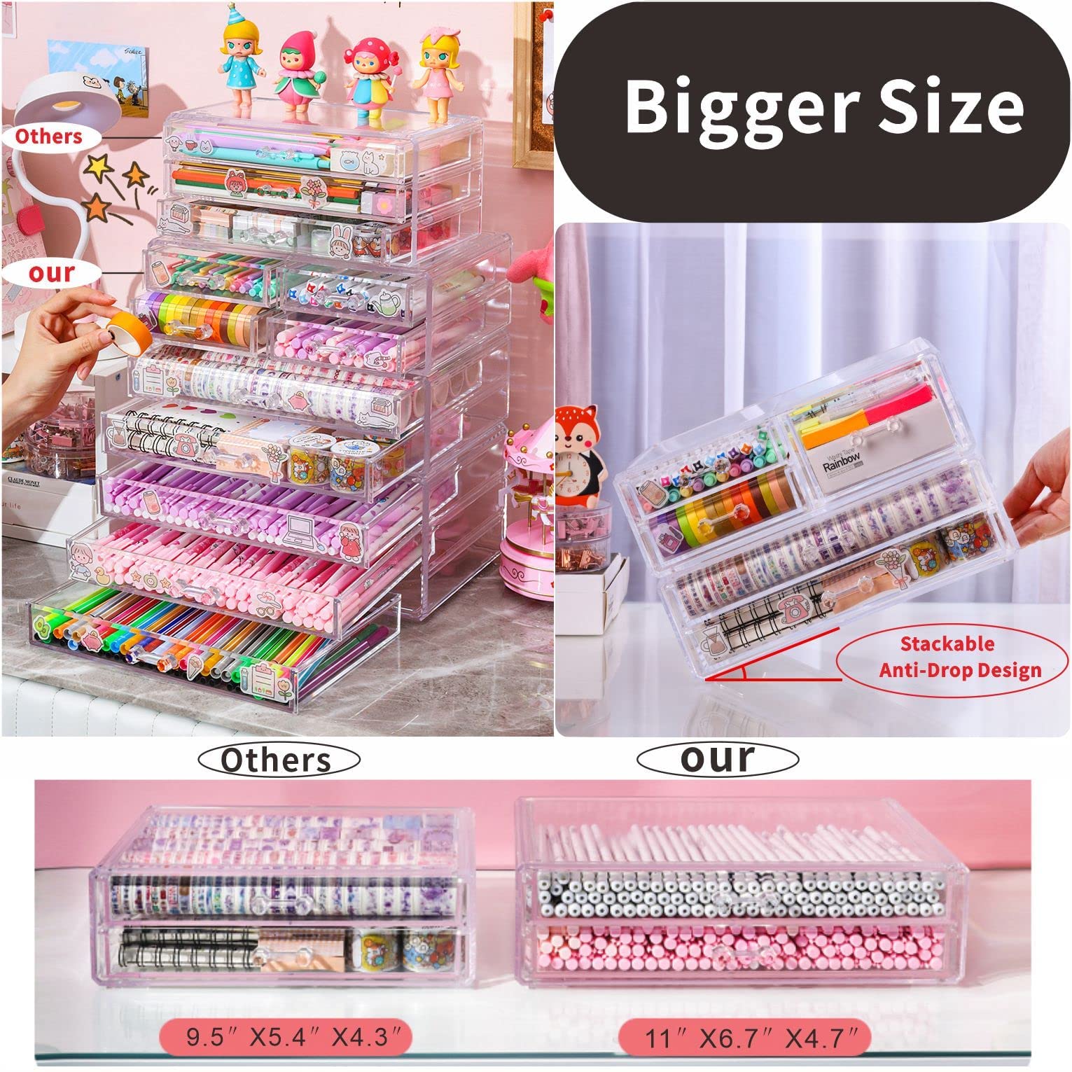 Cq Acrylic 2 Pack Clear Desk Organizer With Drawers,Stackable 5 Drawers Skincare Organizer,Cute Skin Care Organizer For Vanity H