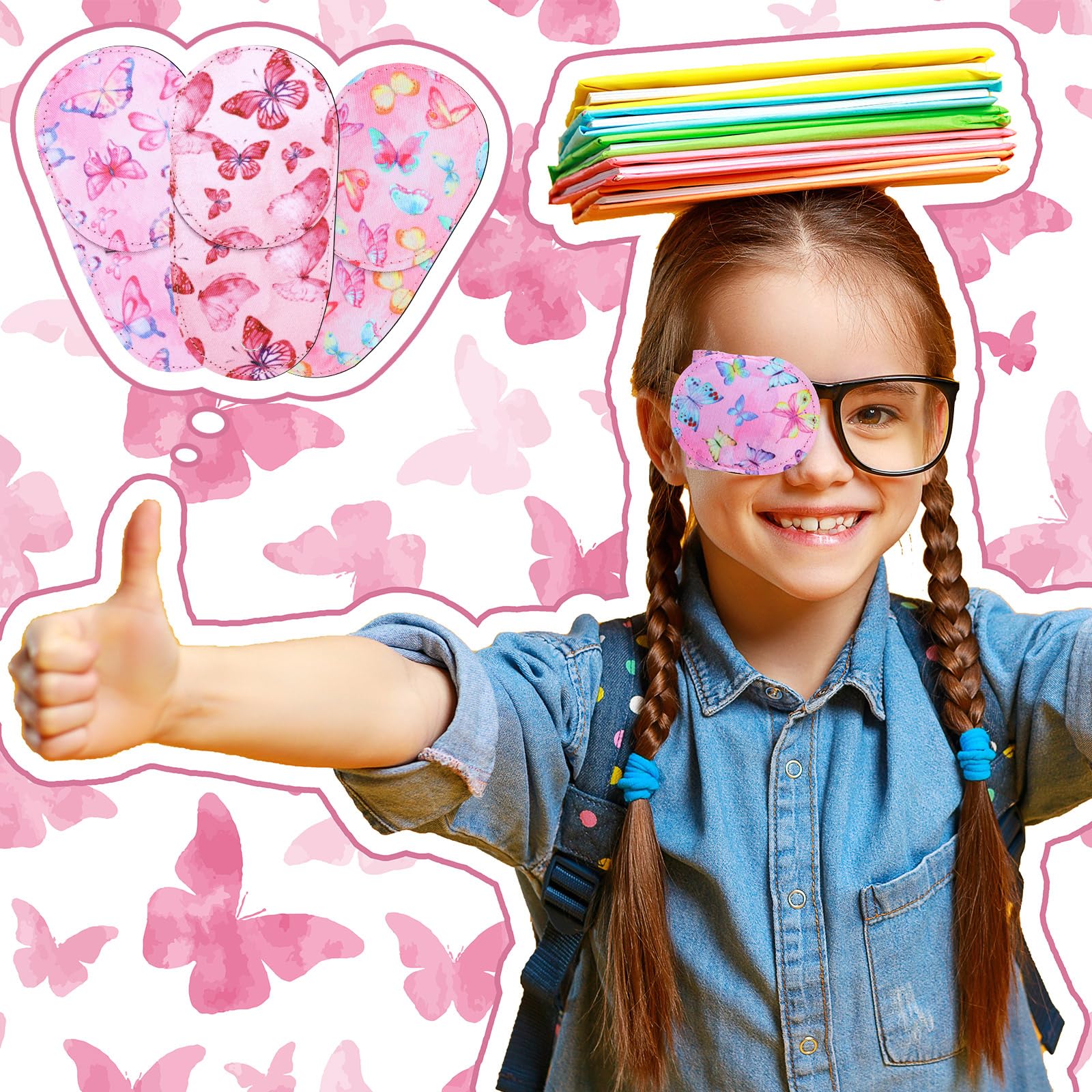 Newcotte 12 Pcs Reusable Eye Patch for Kids - Adjustable Butterfly Style Eyepatch for Left or Right Eye, Assorted Patterns