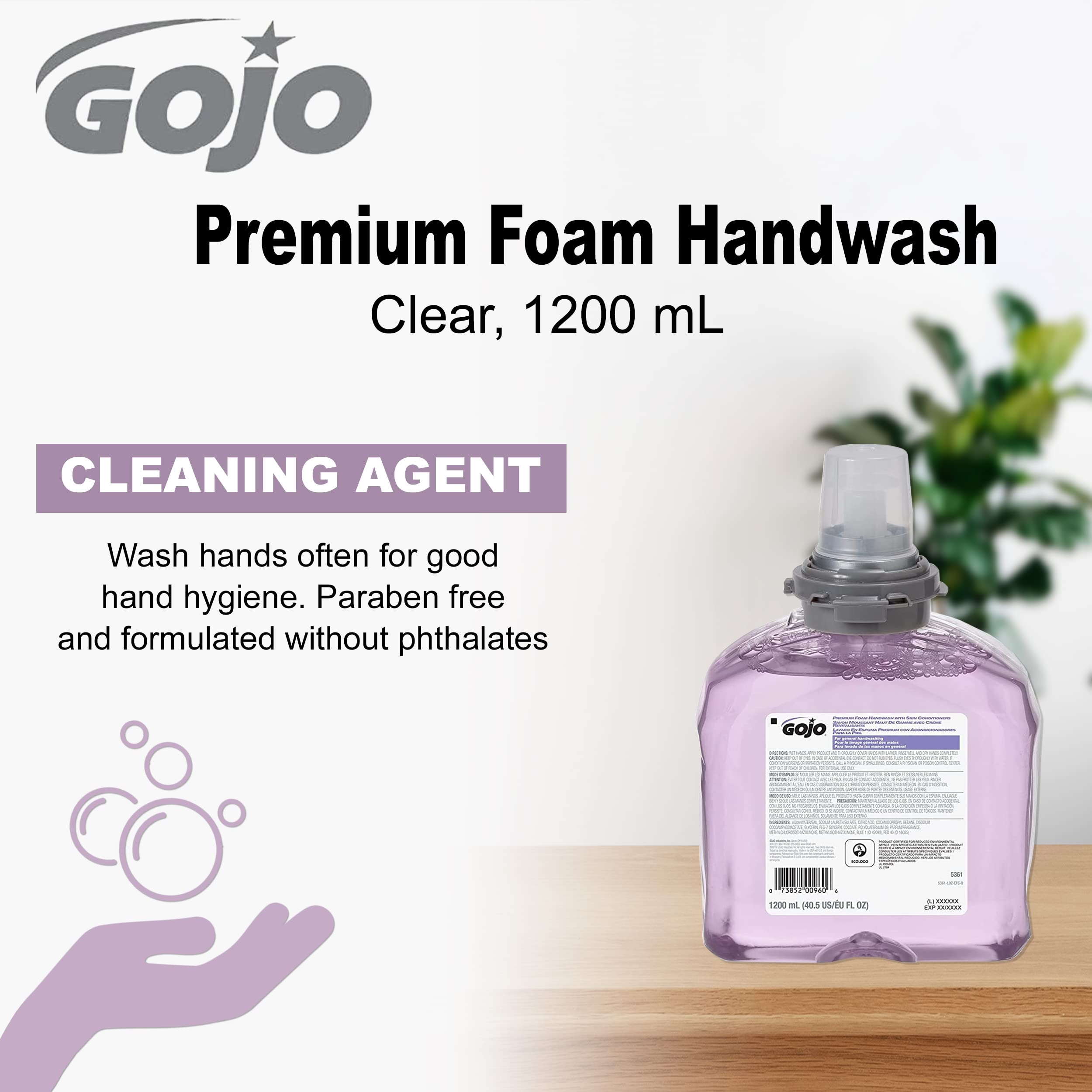 Gojo Premium Foam Handwash With Skin Conditioners, Cranberry Scent, Ecologo Certified, 1200 Ml Foam Hand Soap Refill Tfx Touch-F