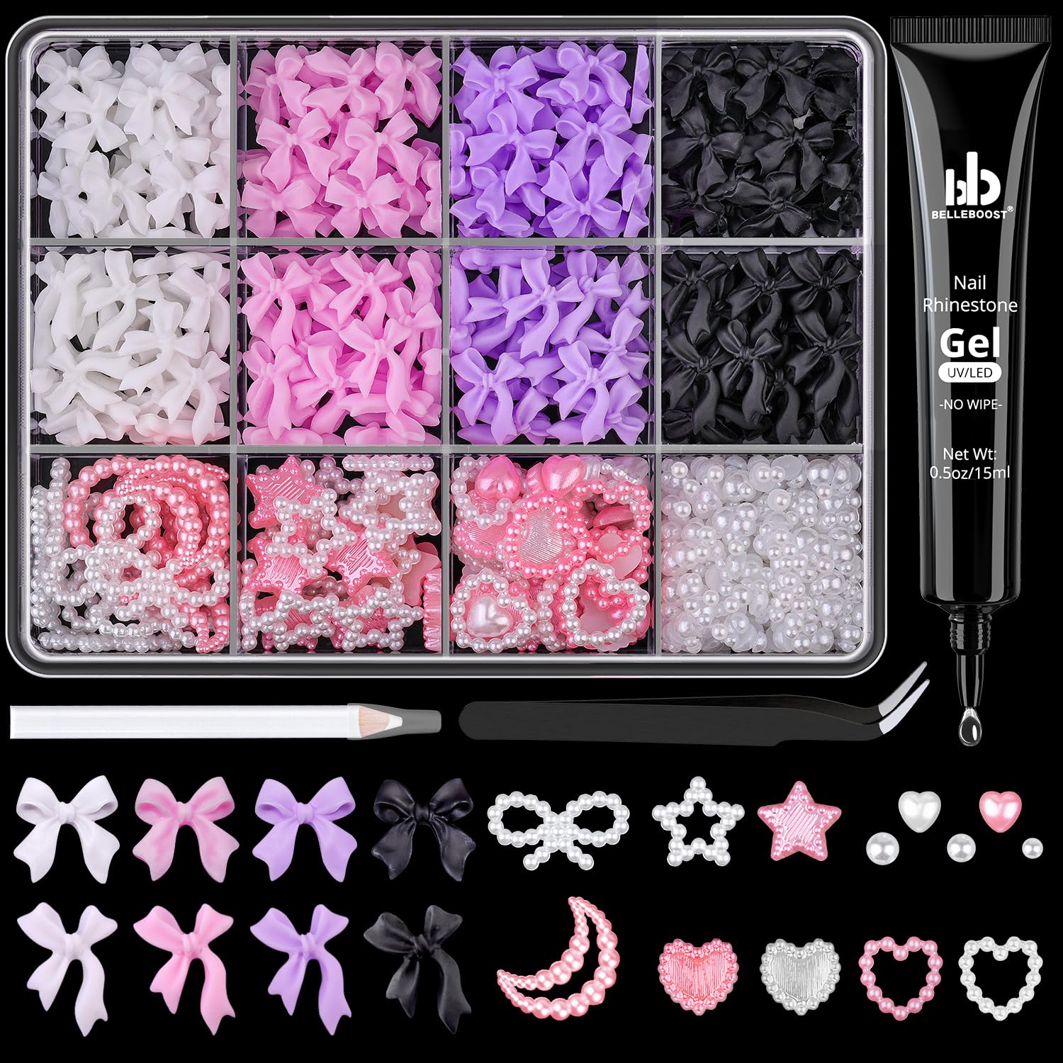 600 Pcs 3D Nail Charms and Flatback Pearls #7, 4 Colors Bow + Pink&White Star Heart Moon Cute Charms + 2-6mm White Pearls for Na