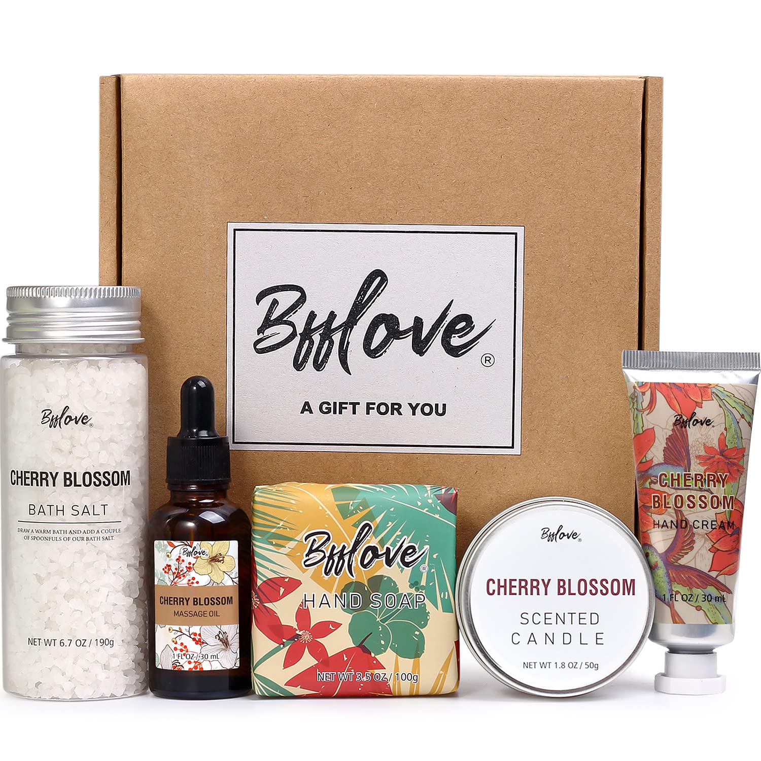 Spa Gifts For Women, Bff Love-5Pcs Cherry Blossom Spa Gifts Box For Her, Spa Kit Gift Set For Women With Massage Oil, Scented Ca
