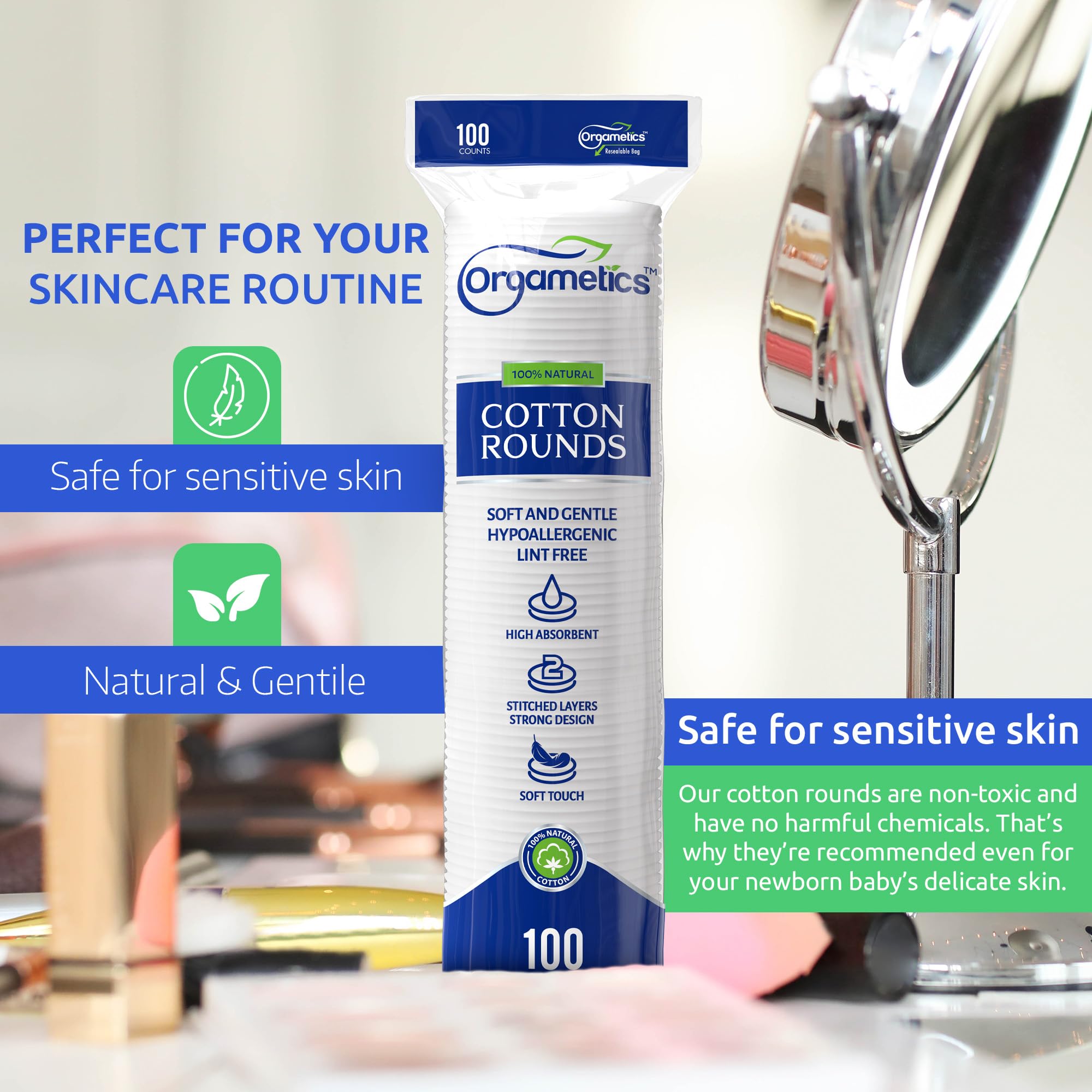 Orgametics Cotton Rounds, 100% Natural Turkish Cotton Premium Makeup Remover And Facial Cleansing Round Pads, Lint Free, Hypoall