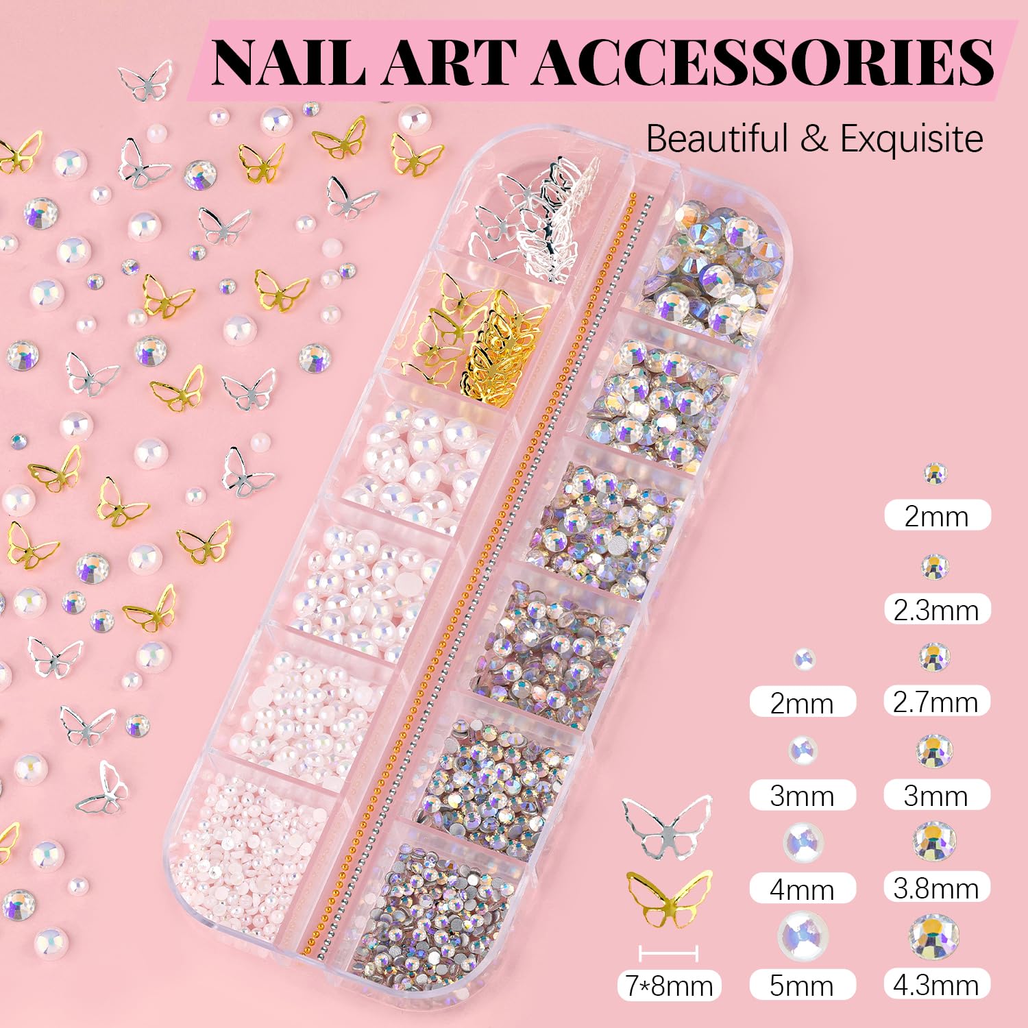 3D Nail Charms, Butterfly Colorful Acrylic Flower Starry Ab Gemstones Caviar Beads Half Round Pearl, Flat Back Glass Crystal Ab