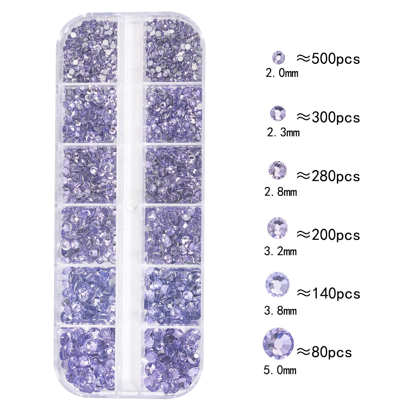 Hnuix Nail Rhinestones - 1600Pcs 3D Multi Shape Size, Light Purple Nail Gems, Flat Back, With Kit, For Nail Art, Diy Decorations