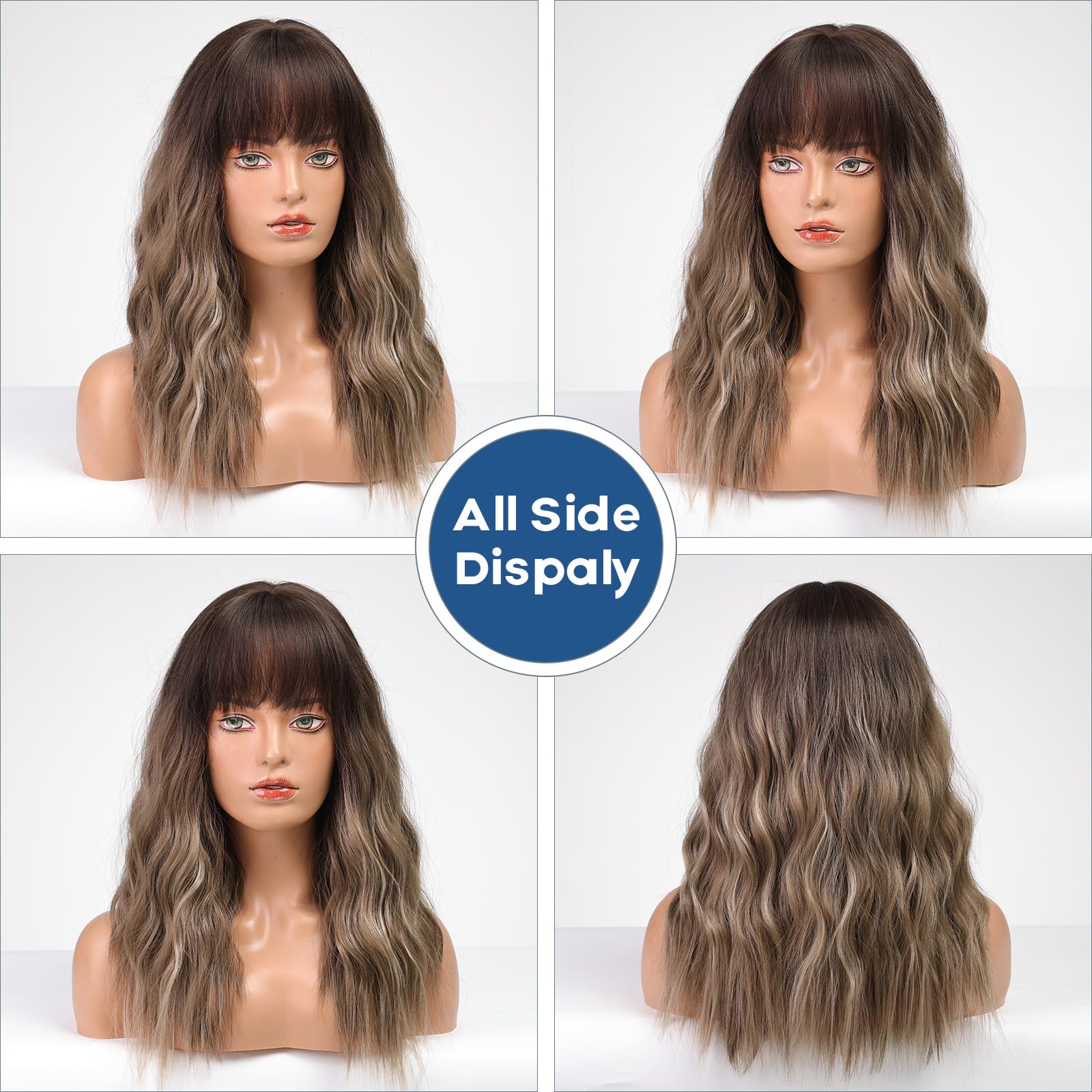 Haircube Ombre Brown Curly Wigs With Bangs,Brown Highlight Curly Wigs For Women Heat Resistant Synthetic Wigs Fashion Women Brow