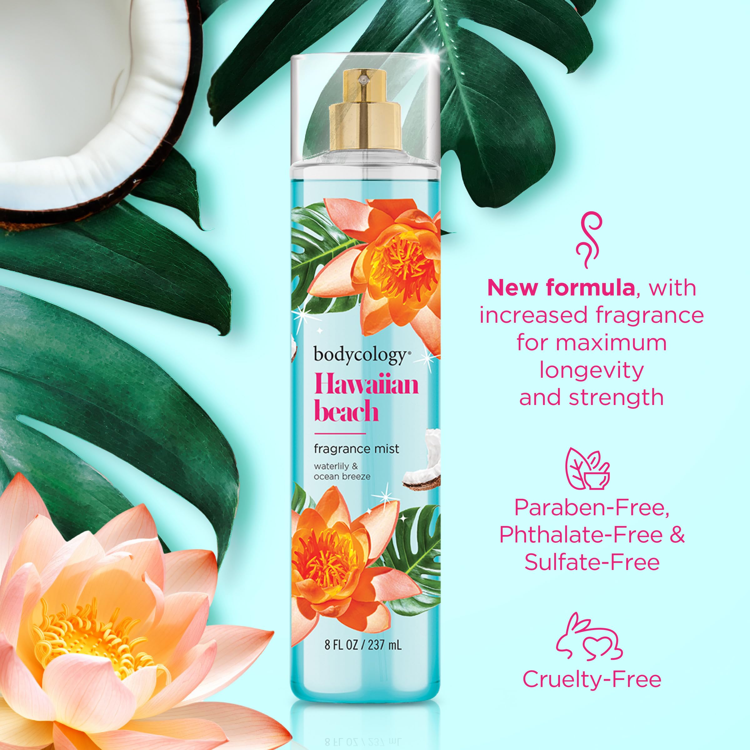 Bodycology Long-Lasting Fragrance Body Mist, Hawaiian Beach, 8 Fl Oz