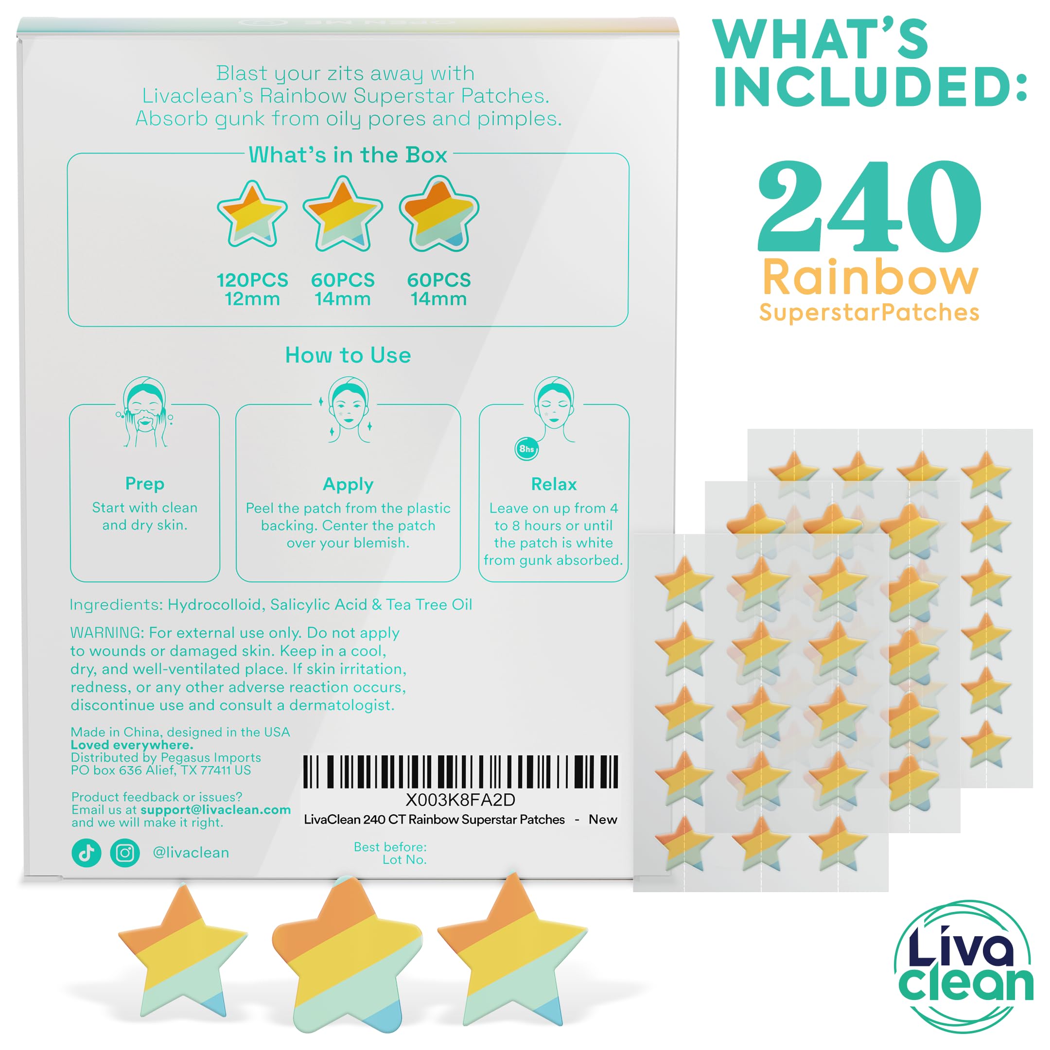 Livaclean 240 Ct Rainbow Superstar Acne Patches W/Salicylic Acid & Tea Tree, Rainbow Star Patch Star Pimple Patch Pimple Patches