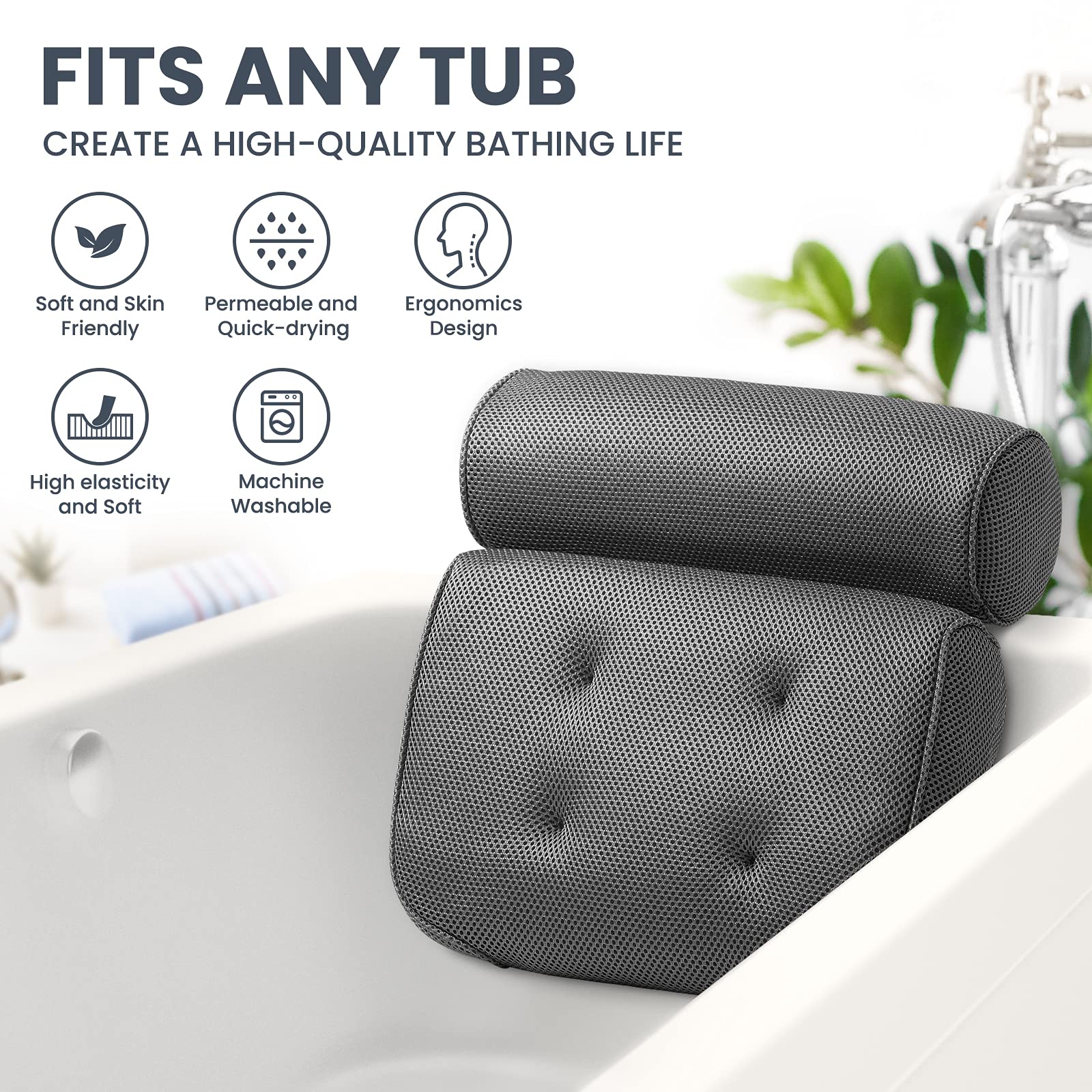 Luxstep Bath Pillow Bathtub Pillow With 6 Non-Slip Suction Cups,14.6X12.6 Inch, Extra Thick And Soft Air Mesh Pillow For Bath -