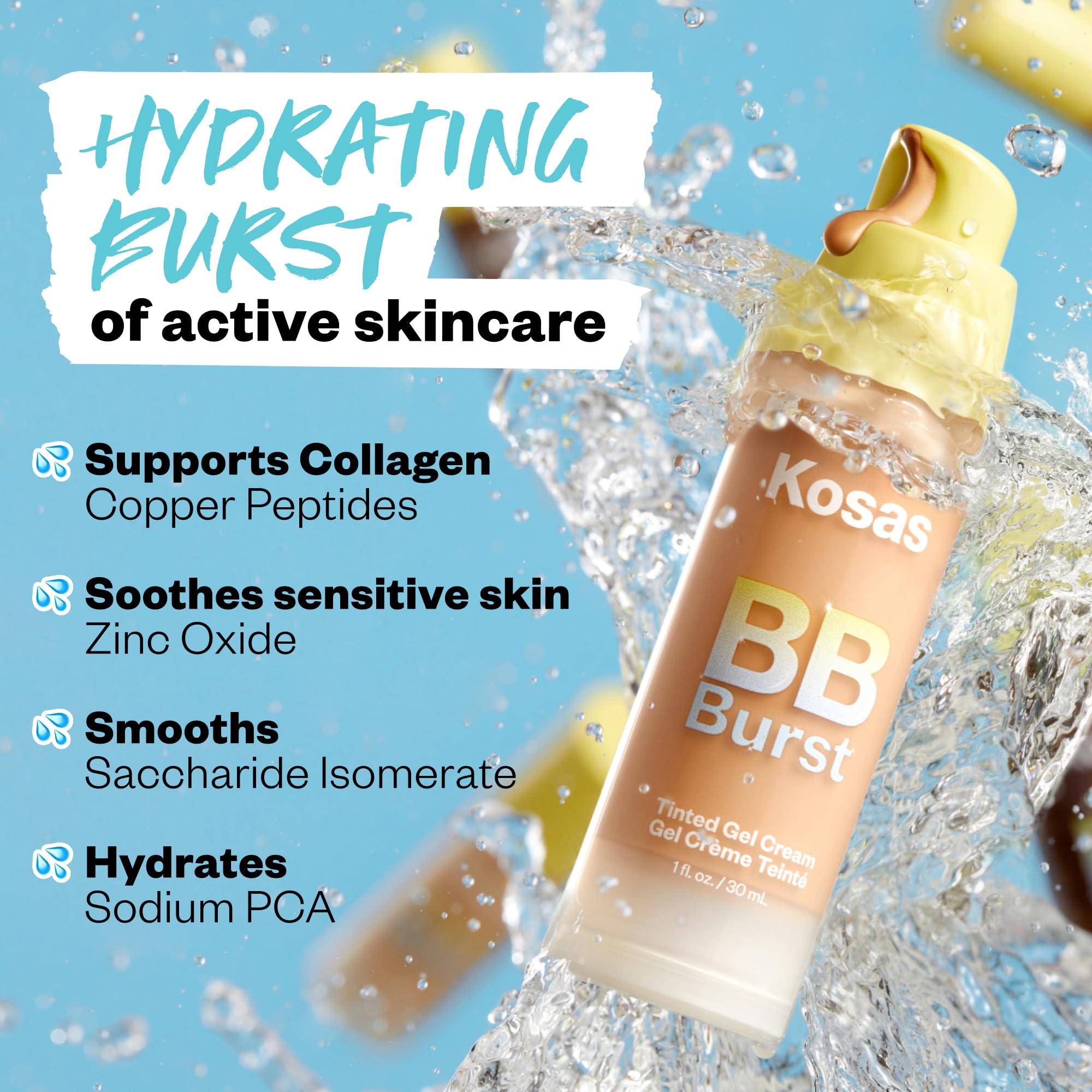 Kosas Bb Burst Tinted Face Gel Cream - Supports Healthy Collagen, Smoothes Skin, Hydrates & Moisturizes - Lightweight Buildable
