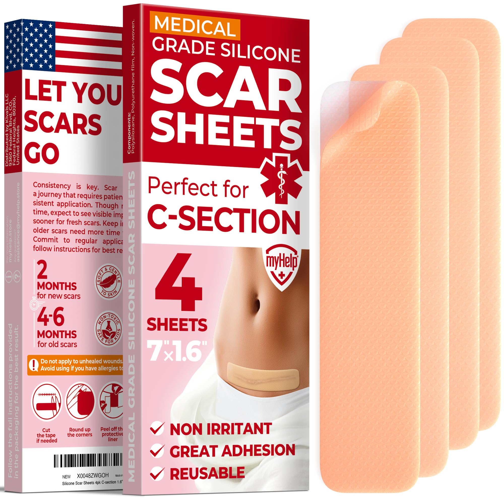 Medical Grade Silicone Scar Sheets - 4pk (7   x1.6   ) - Visible Difference on C-Section Scars - Reusable Silicone Sheets for Sc