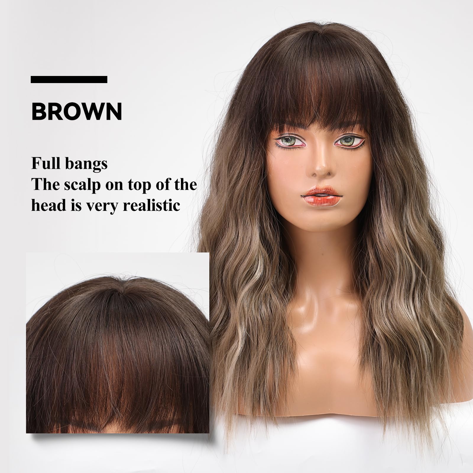 Haircube Ombre Brown Curly Wigs With Bangs,Brown Highlight Curly Wigs For Women Heat Resistant Synthetic Wigs Fashion Women Brow