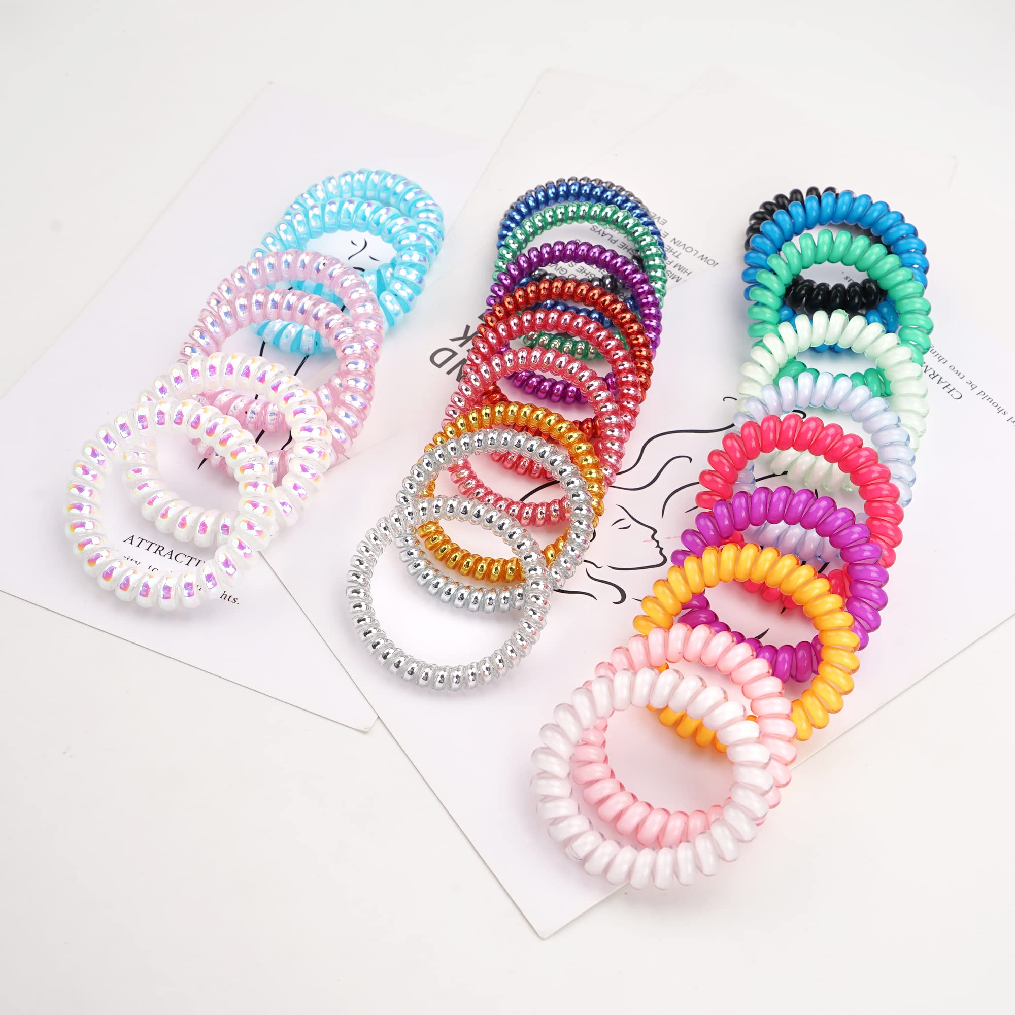 Ded 26 Pcs Spiral Hair Ties,No Crease Ponytail Holders,3 Styles Coil Hair Ties,Slim Laser Colors Spiral Bracelets,Phone Cord Flu