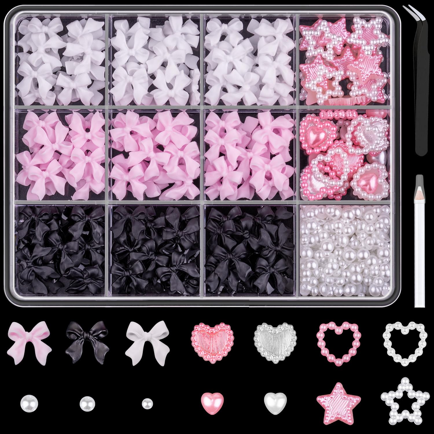 600 Pcs 3D Nail Charms and Flatback Pearls Set 3, Pink&White&Black Nail Bows + Pink&White Star Heart Cute Nail Jewels + 2-4mm Wh