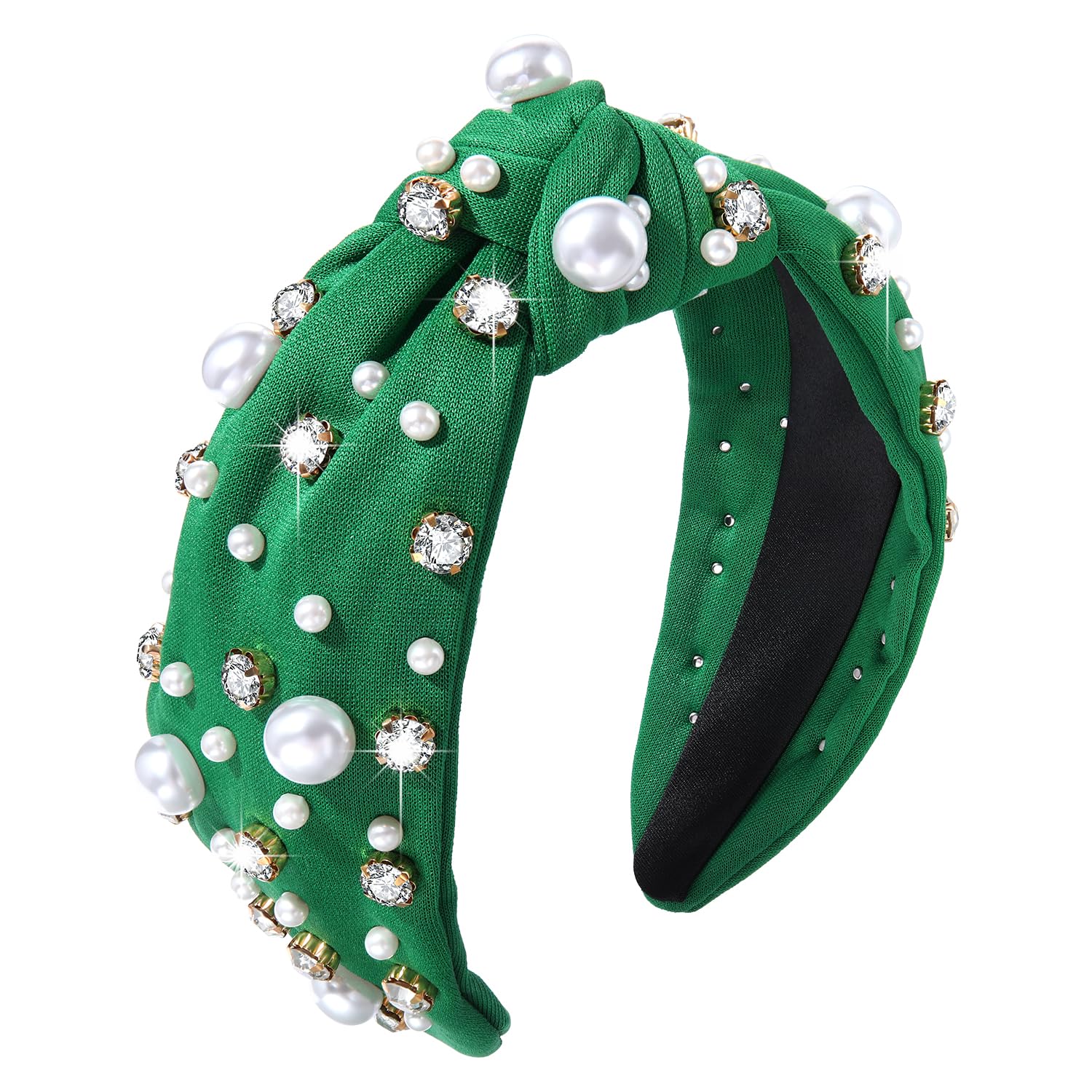 GLBCC Pearl Knotted Headband for Women White Pearl Rhinestone Crystal Jeweled Embellished Hairband Fashion Elegant Ladies Wide T