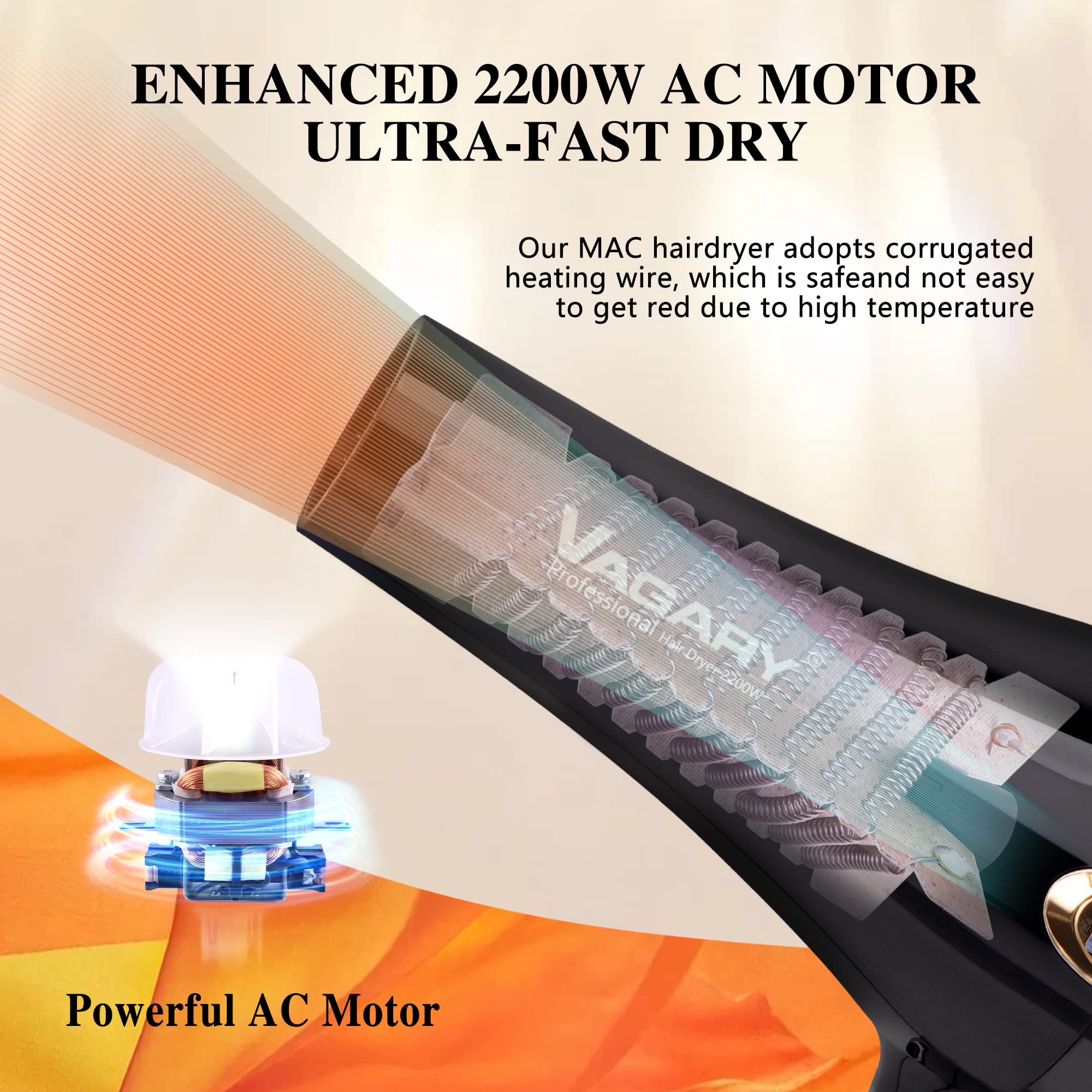 Vagary 6685G Professional Salon Hair Dryer 2200W With Icd Display,Negative Ionic Blow Dryer,Powerful Ac Motor Blow Dryer,Low Noi