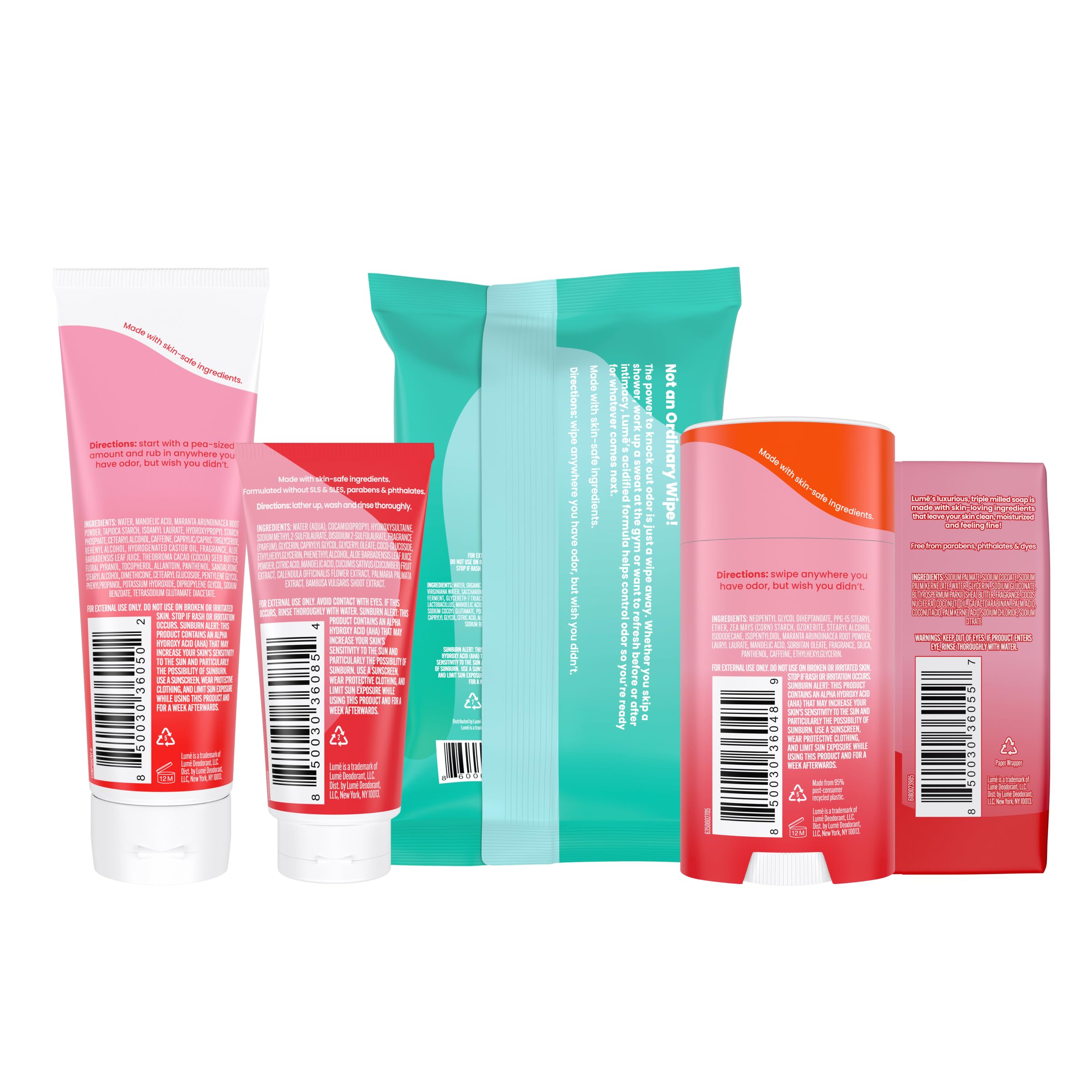 Lume Whole Body Deodorant For Women & Men - Starter Pack - Solid Stick, Invisible Cream Tube, Acidified Body Wash Mini & Deodora