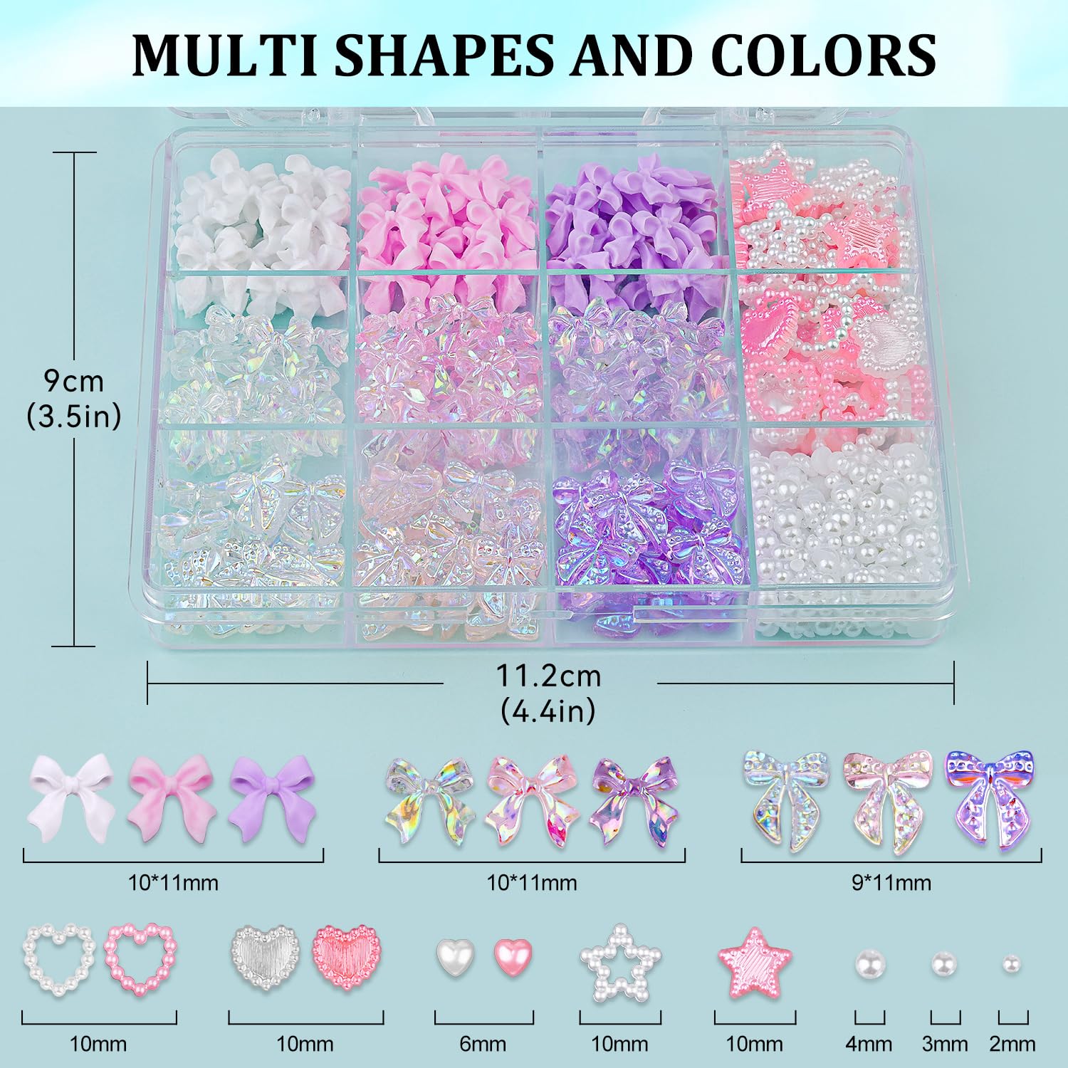 600 Pcs 3D Nail Charms And Flatback Pearls Set 12, 6 Colors Nail Bows Charm + Pink&White Star Heart Cute Nail Jewels + 2-4Mm Whi