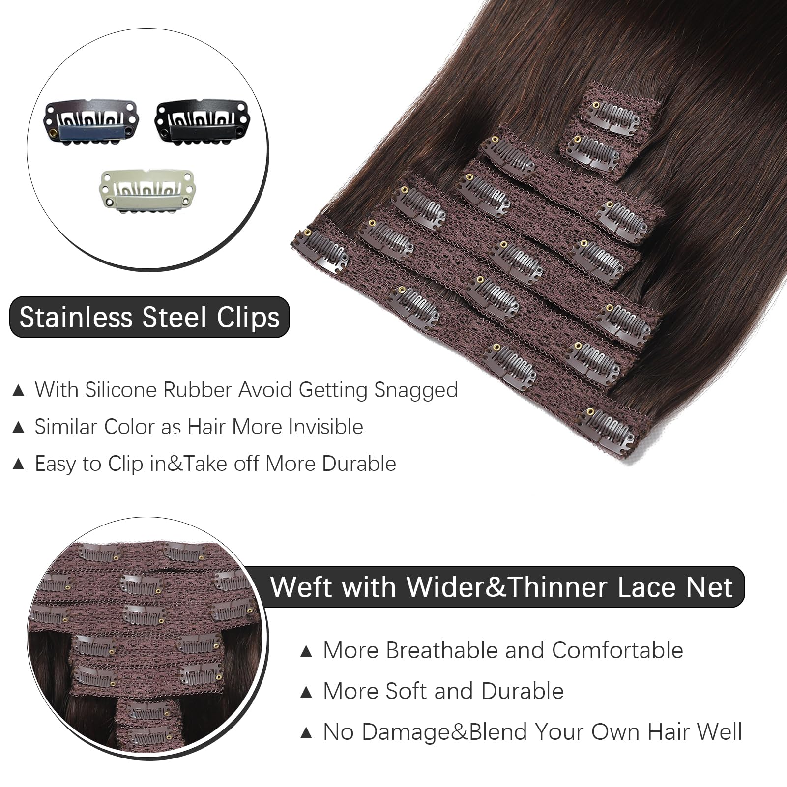 Rimoss Clip In Hair Extensions Real Human Hair, Premium Dark Brown Remy Human Hair Clip In Extensions Straight, Soft 7Pcs Hair E