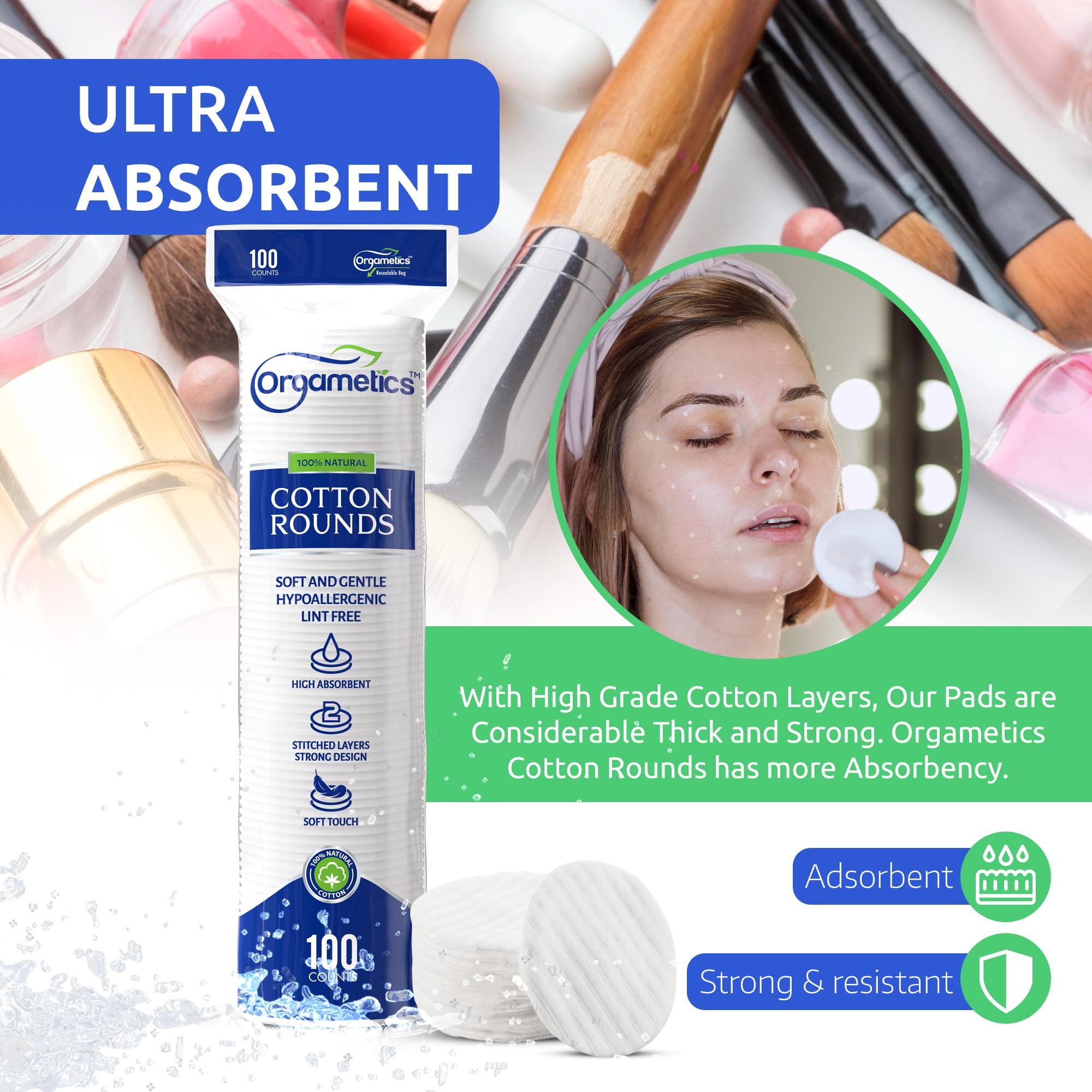 Orgametics Cotton Rounds, 100% Natural Turkish Cotton Premium Makeup Remover And Facial Cleansing Round Pads, Lint Free, Hypoall