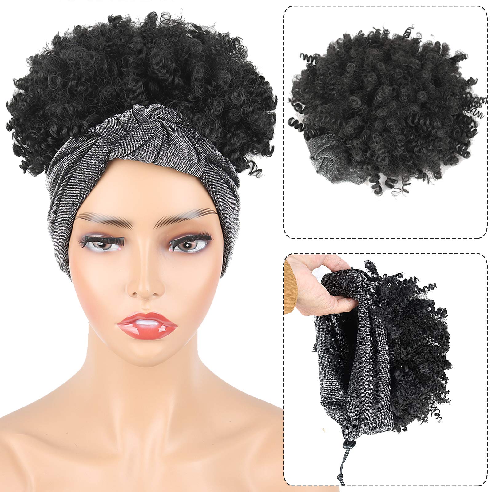 Aisaide Headband Wigs For Black Women Scarf Wigs, Short Kinky Curly Headband Black Wigs With Headband Attached Black Womens Wig