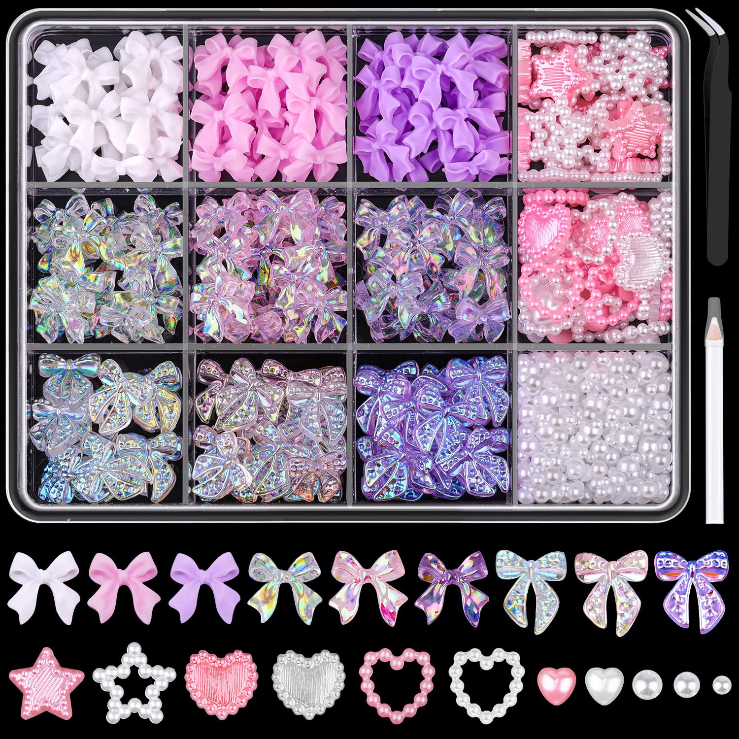 600 Pcs 3D Nail Charms and Flatback Pearls Set 12, 6 Colors Nail Bows Charm + Pink&White Star Heart Cute Nail Jewels + 2-4mm Whi