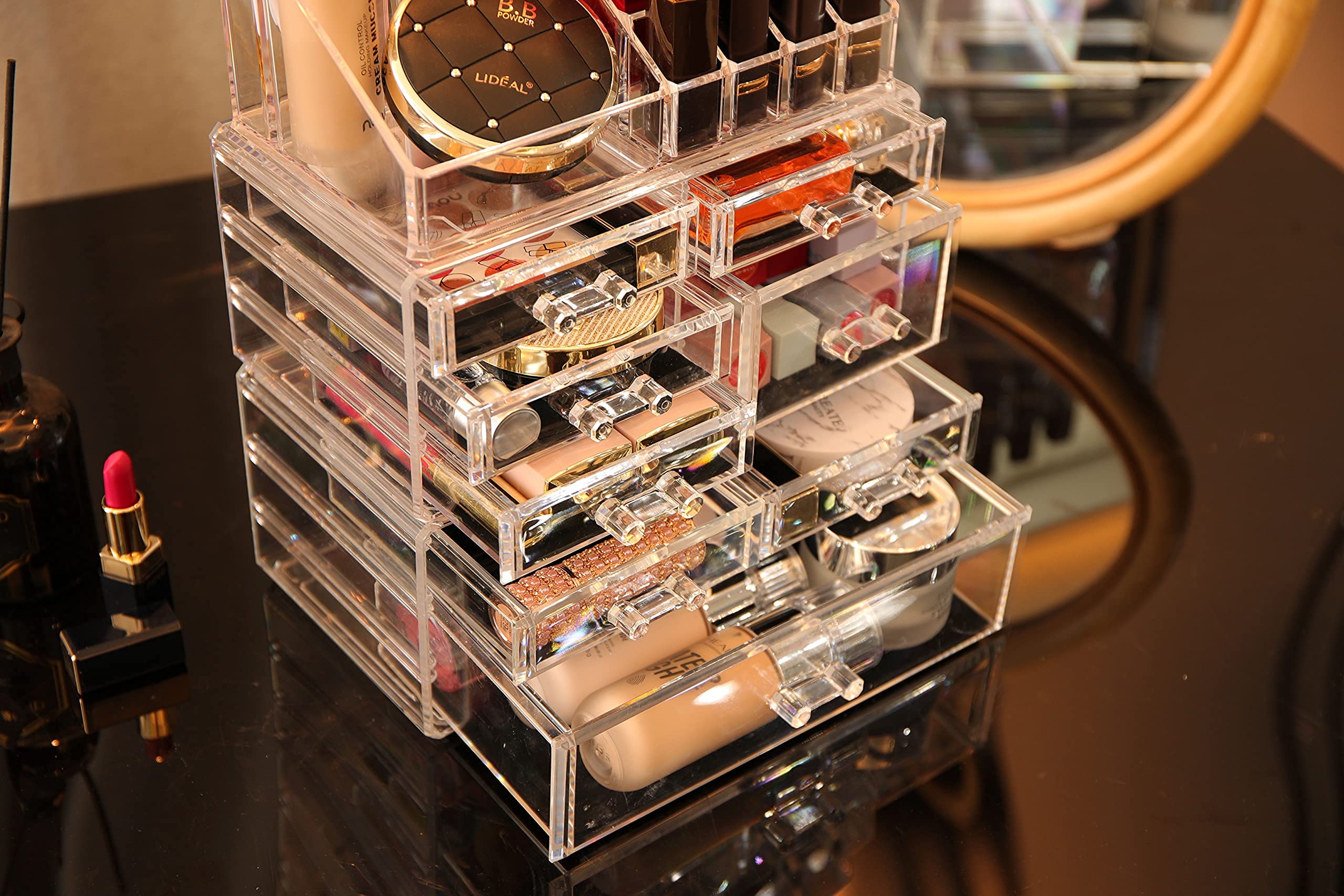 Large Clear Makeup Organizer Skin Care Cosmetic Display Cases Stackable Storage Box Make Up Container Cube With 8 Drawers,Set Of