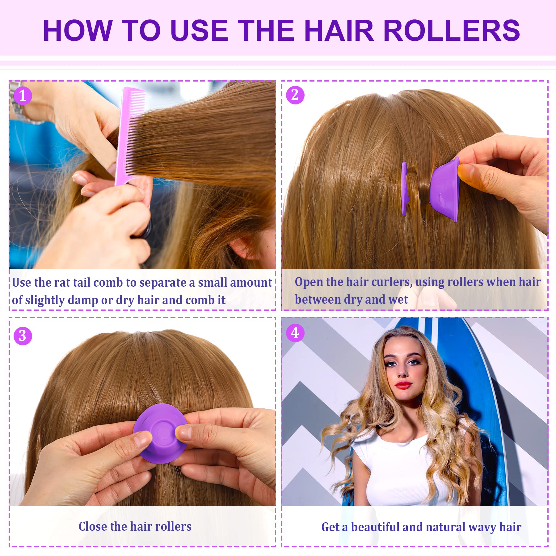 Julbear Hair Rollers, 60 Pcs Purple Silicone Curlers Including 30Pcs Large 30Pcs Small Overnight Heatless Curling Rod Headband W