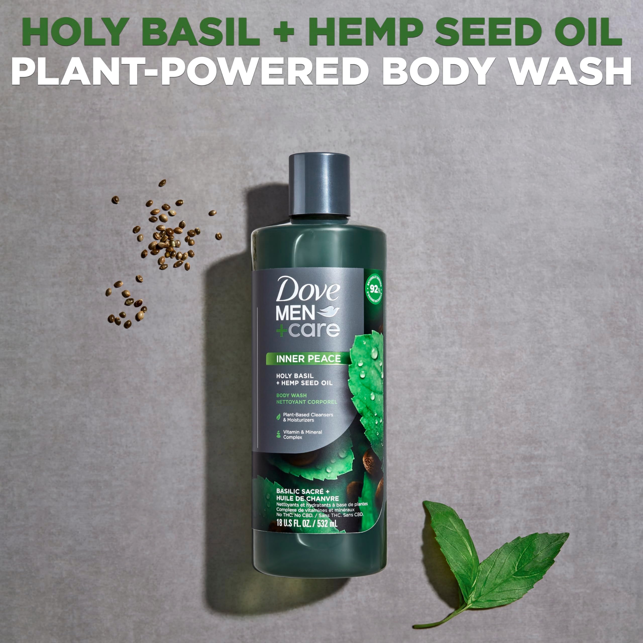 Dove Men+Care Body Wash Holy Basil + Hemp Seed Oil 4 Count To Rebuild Skin In The Shower With Plant-Based Cleansers And Moisturi