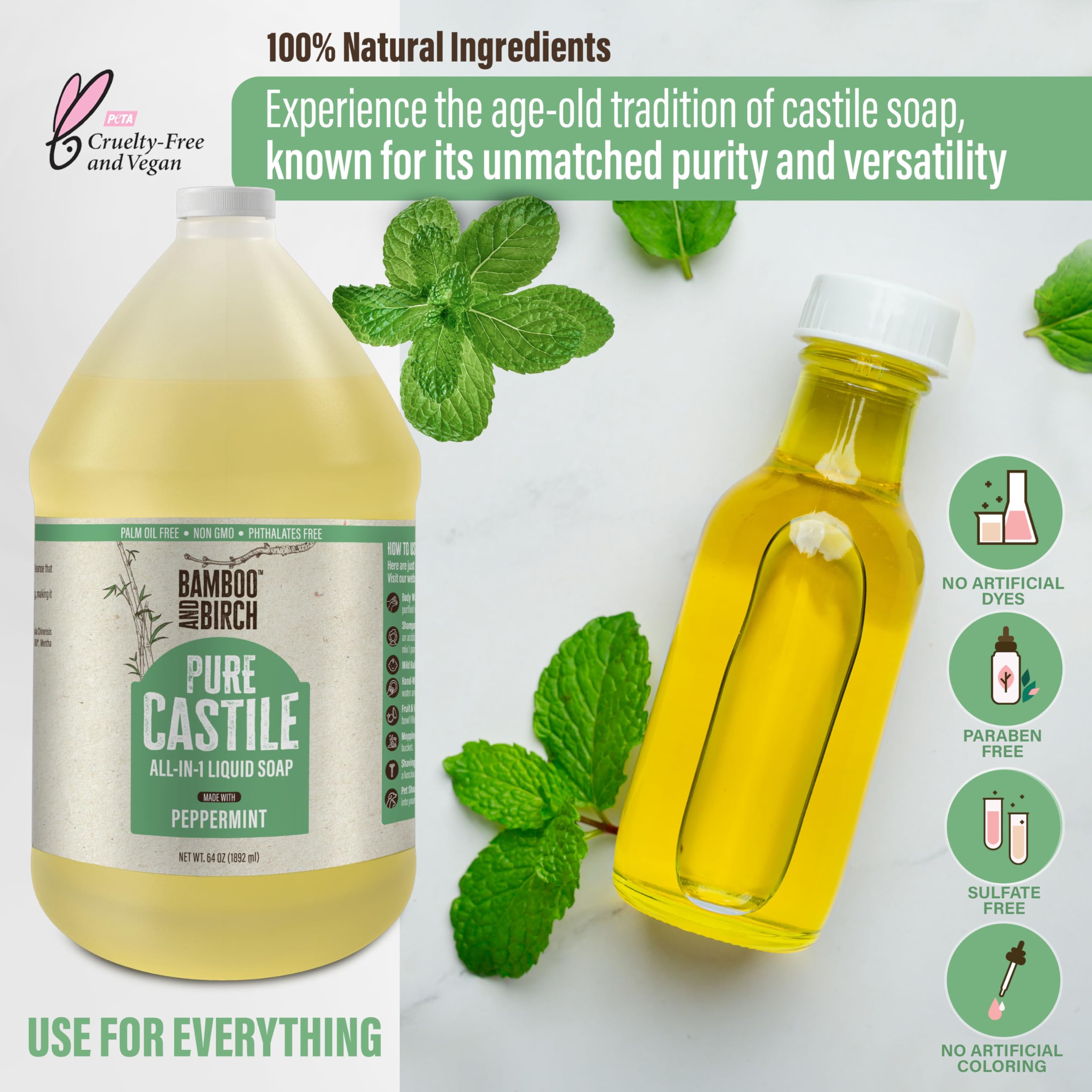Bamboo And Birch Pure Castile Soap Liquid Organic, Certified Palm Oil Free Natural Soap, Peppermint, 1 Gallon