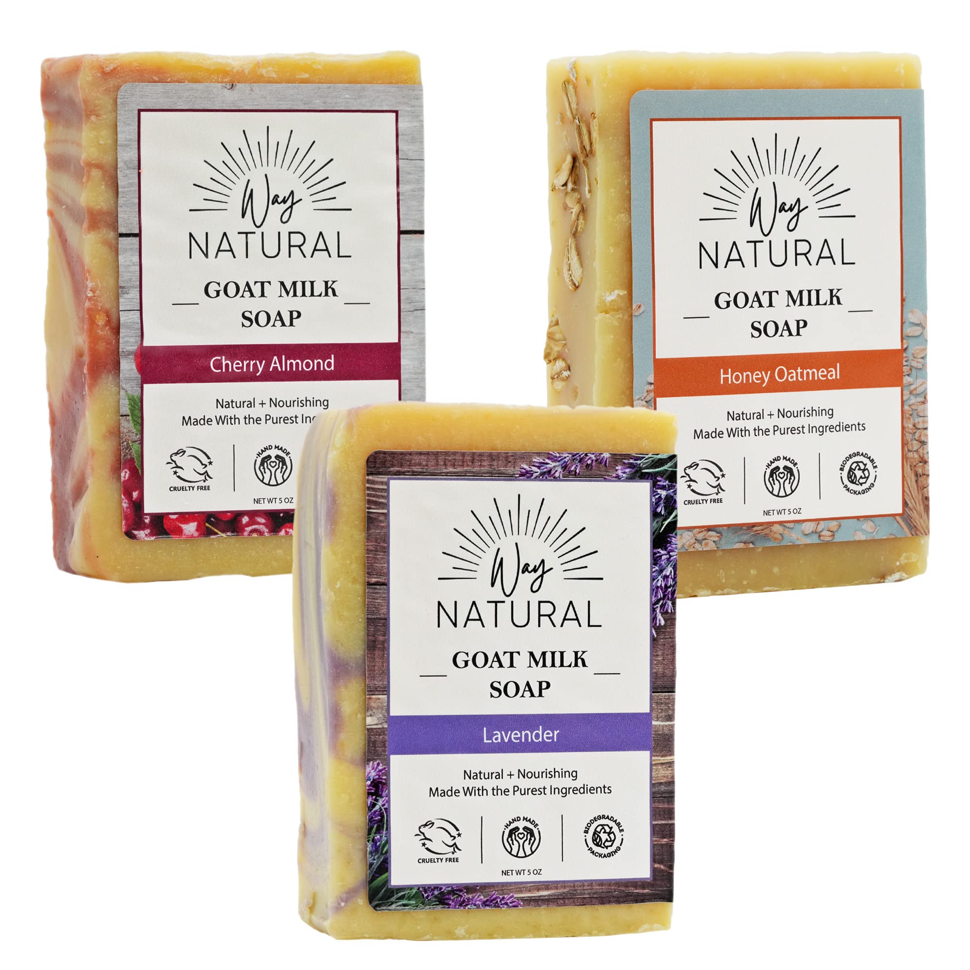 Way Natural Real Goat Milk Soap Bars - 3 Large (5oz), Premium Clean - Dry Skin Relief, Gentle - Hand/Body Bar Soap, Organic Goat