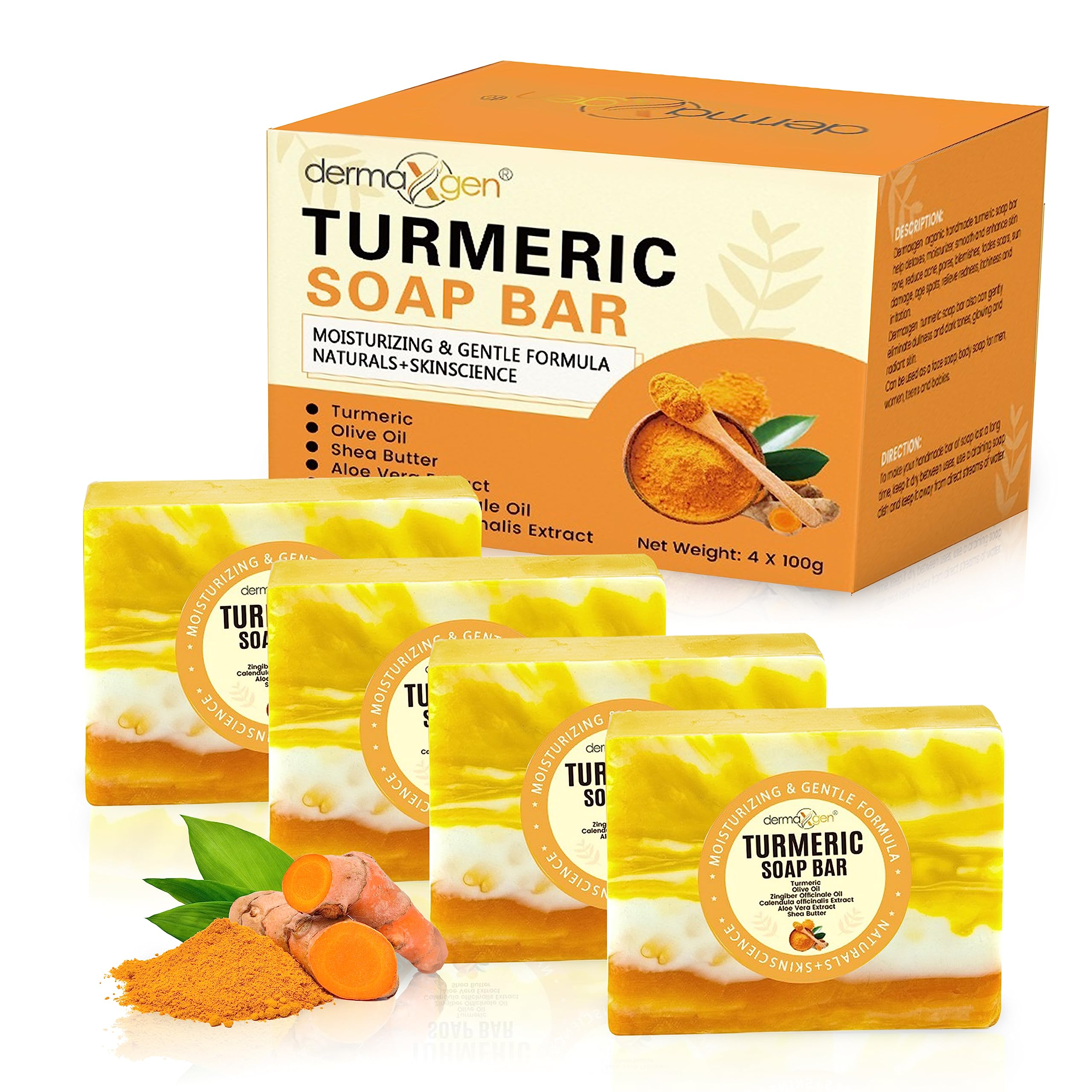 DERMAXGEN Organic Turmeric Soap Bar | Pure Natural Handcrafted Skincare, Face & Body Cleanser | Blemish Control, Reduce Acne, Ev