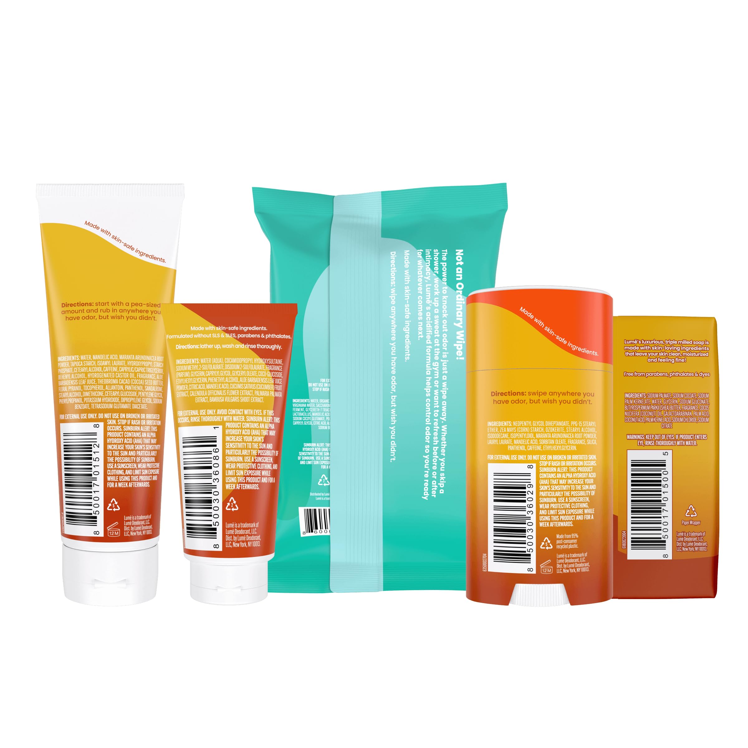 Lume Whole Body Deodorant Starter Pack - Solid Stick, Invisible Cream Tube, Acidified Body Wash Mini, Soap, Acidified Deodorant